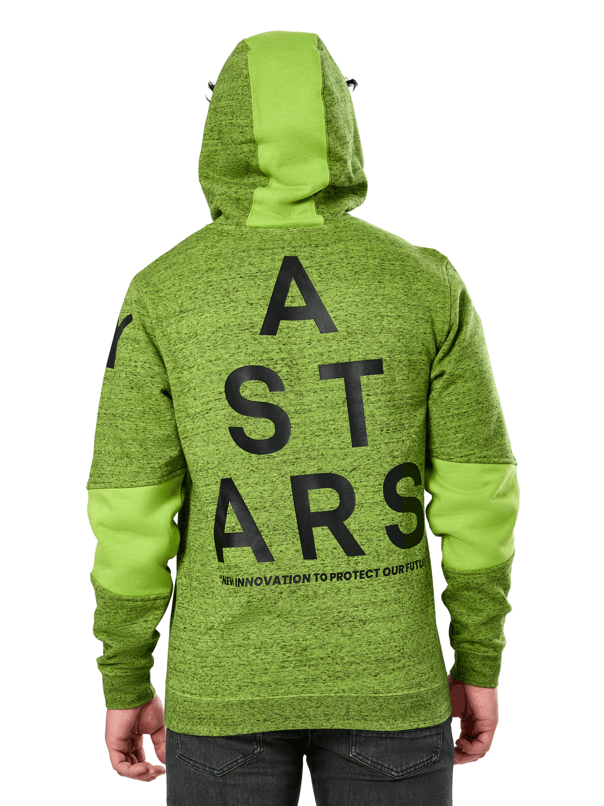Sweat à capuche Alpinestars Perpetuate, vue de dos, molleton chiné vert lime avec empiècements de tissu vert uni sur la capuche et les manches, grand graphique ASTARS noir au dos, streetwear décontracté inspiré du sport automobile