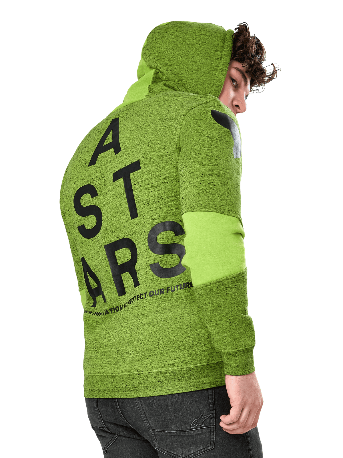 Sweat à capuche Alpinestars Perpetuate, sportswear décontracté, molleton chiné vert citron, vue arrière avec grand graphique vertical ASTARS noir au dos et logo sur l'épaule, blocs de tissu sur les manches, capuche avec cordon de serrage, streetwear moderne inspiré des sports mécaniques.