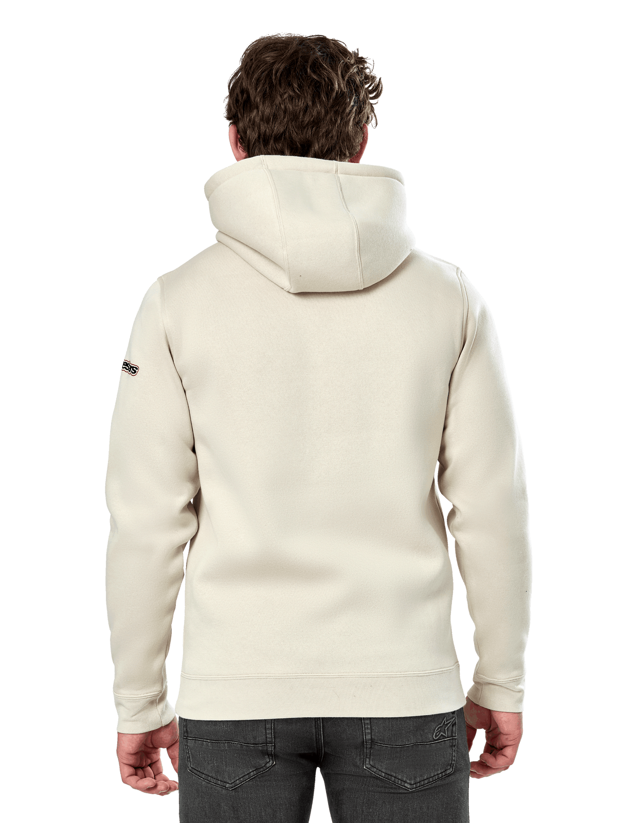 Sweat à capuche Alpinestars Insignia, vue de dos d'un homme portant un sweat décontracté en polaire, blanc cassé, doté d'une capuche doublée et de poignets côtelés, streetwear inspiré par le sport automobile