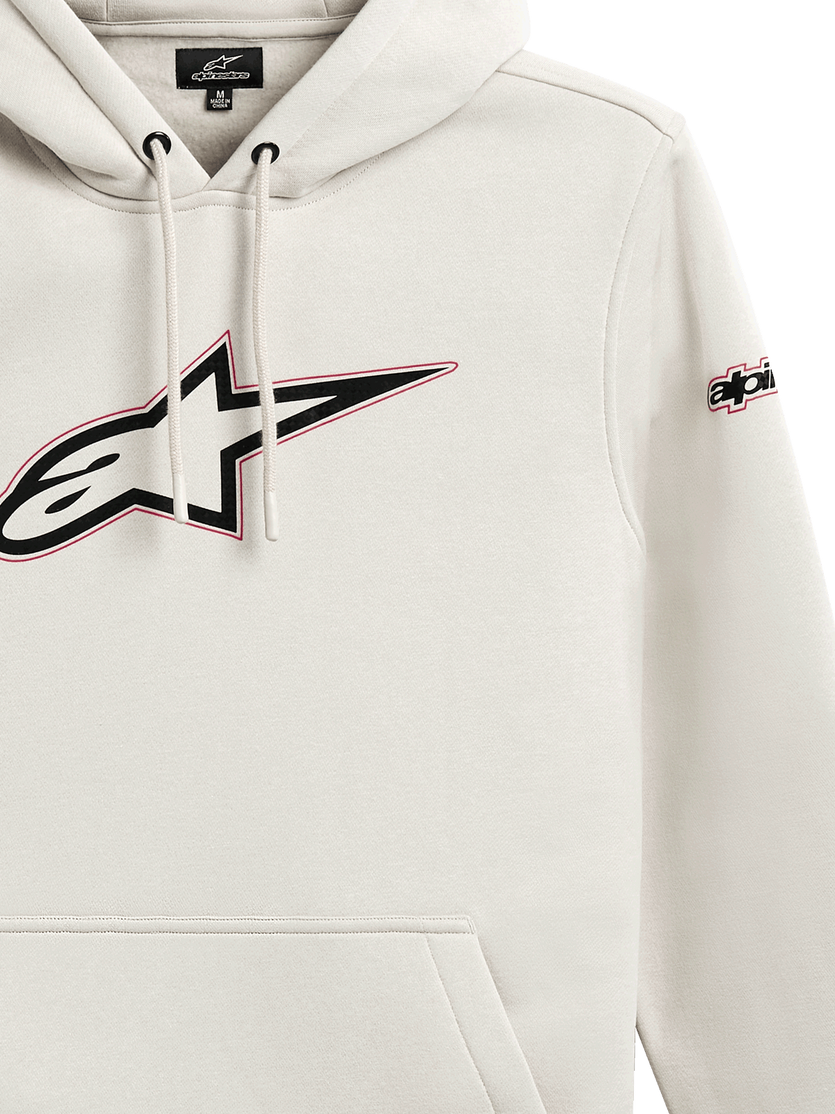 Sweat à capuche Alpinestars Insignia, polaire décontractée à enfiler, blanc cassé, grand logo Astars sur la poitrine avec contour rouge, marquage sur la manche, capuche à cordon de serrage, poche kangourou, design inspiré du sport automobile