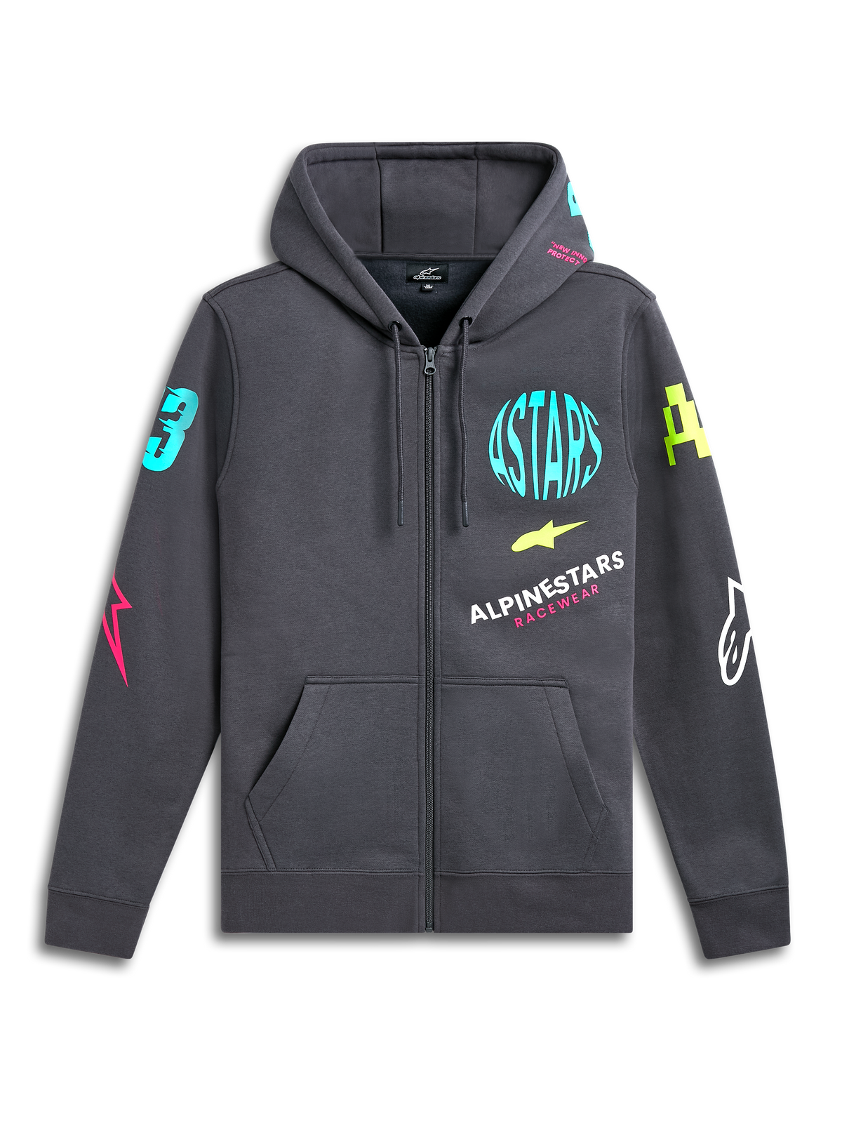 Alpinestars Variegate Hoodie, Fleece-Hoodie mit Reißverschluss, Gunmetal-Grau, leuchtende Neon-Logos auf Brust und Ärmeln, Kängurutasche, Kapuze mit Kordelzug, lässige vom Motorsport inspirierte Streetwear