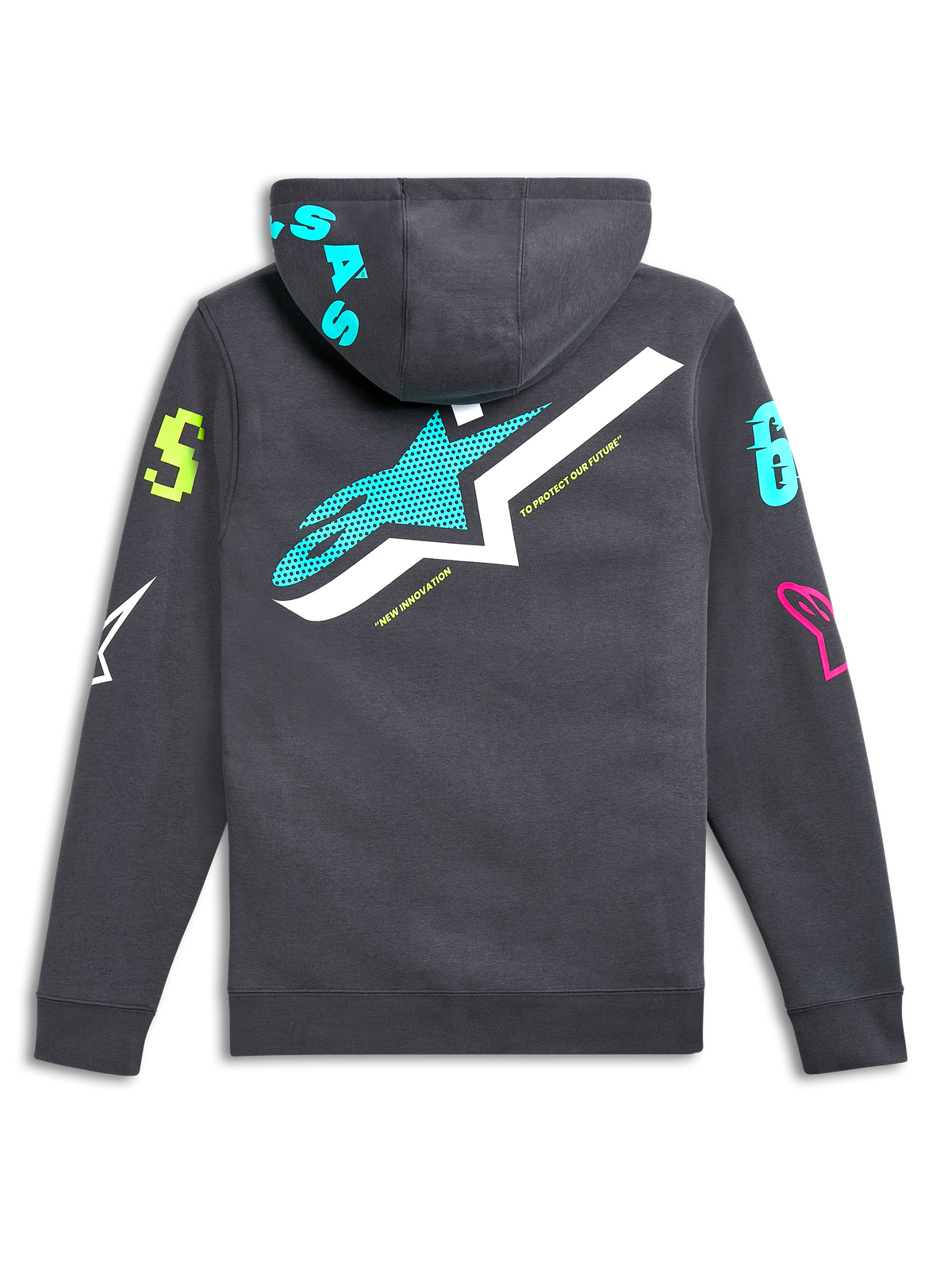 Alpinestars Variegate Hoodie, Rückansicht, Gunmetal-Grau mit großem blaugrünem und weißem Stern-Logo, lebhafte mehrfarbige Grafik-Logos an Ärmeln und Kapuze, lässige vom Motorsport inspirierte Streetwear