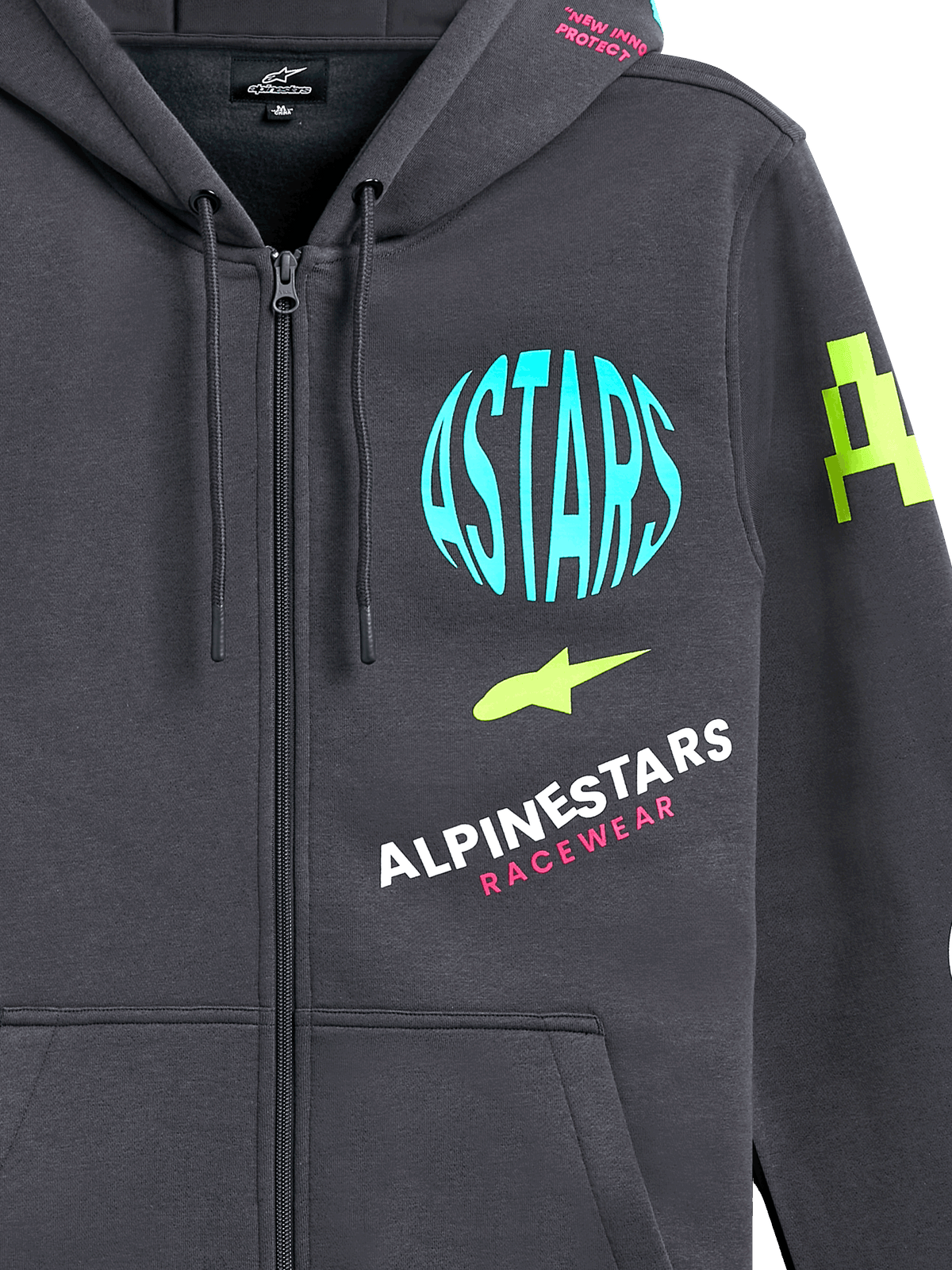 Alpinestars Variegate Hoodie, Fleece-Hoodie mit Reißverschluss vorne, Gunmetal-Grau mit mehrfarbigen Logo-Grafiken, hellblauer ASTARS-Kreis, limettengrüne Akzente und pinkfarbener Schriftzug, lässige Motorsport-Streetwear