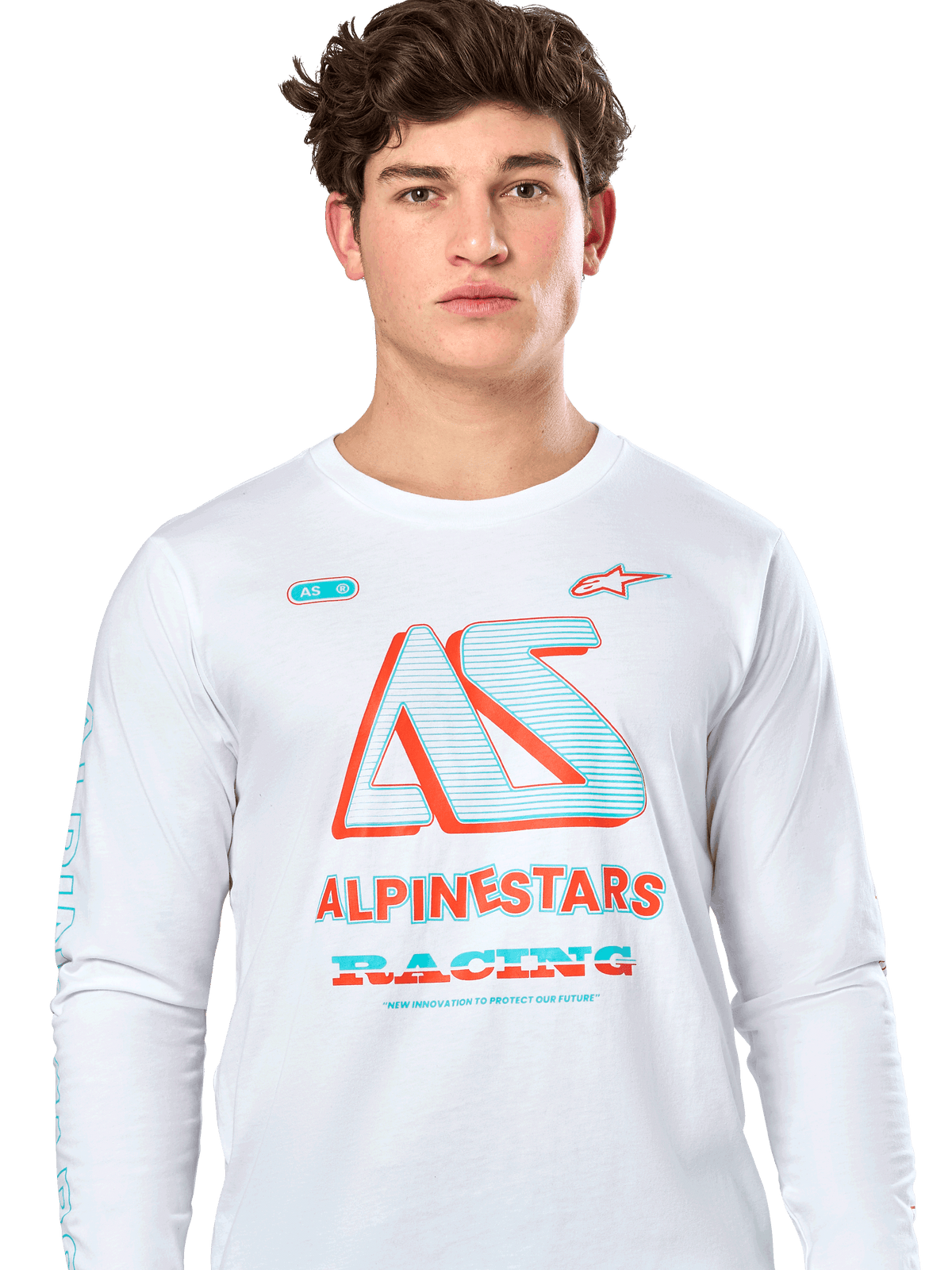 Alpinestars Ayess CSF Langarm-T-Shirt, Weiß, mit einer großen teal- und orangefarbenen „AS“-Grafik sowie „ALPINESTARS RACING“-Schriftzug, lässige Motorsport-Streetwear