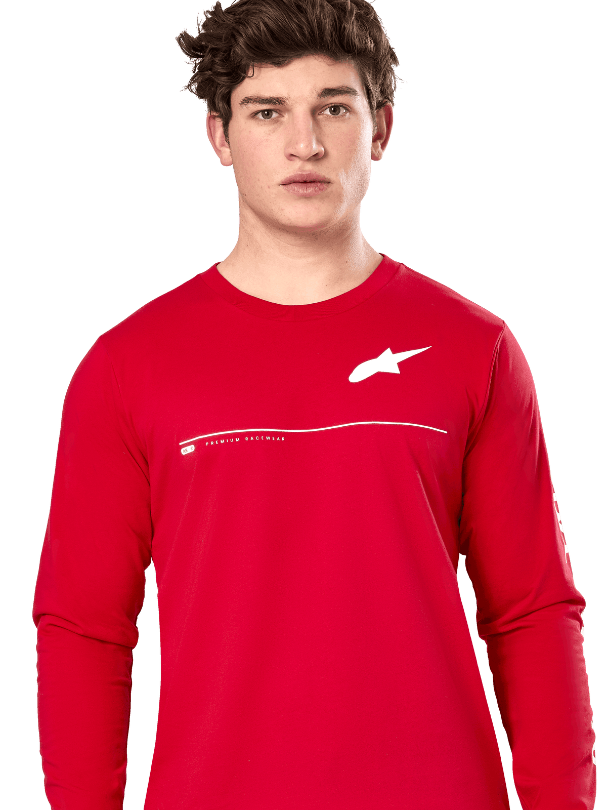 Alpinestars Committed CSF Tee, Long Sleeve T-Shirt, Red, White Astars Logo on chest with horizontal line and "Premium Racewear" text, worn by a male model, casual motorsport-inspired streetwear
