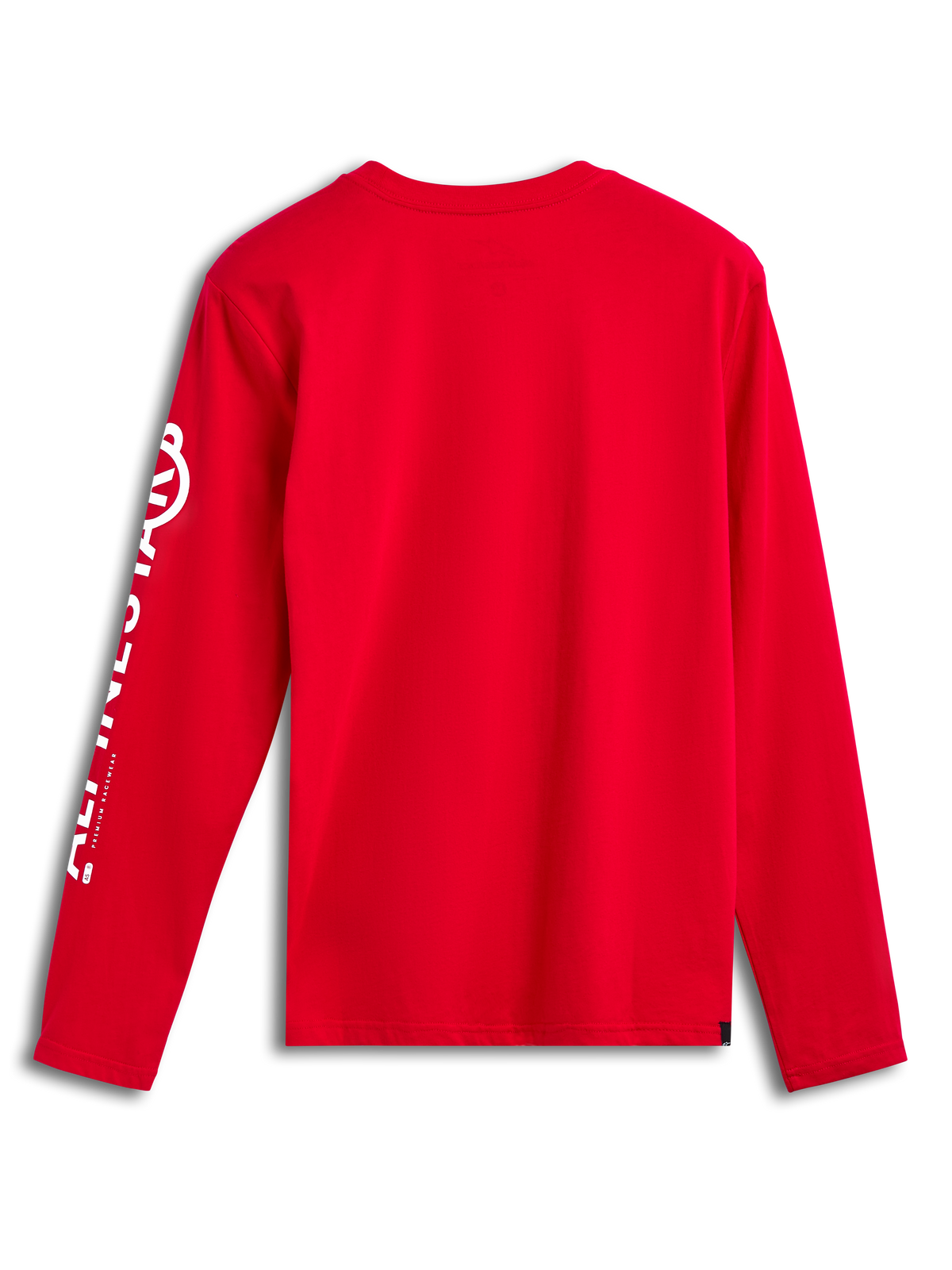 Alpinestars Committed CSF Tee, Long Sleeve T-Shirt, Red, Back view, vertical white Alpinestars sleeve logo, casual motorsport-inspired apparel