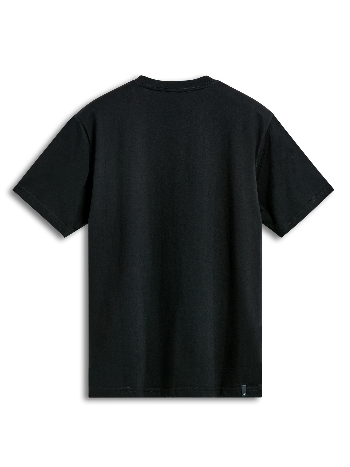 Alpinestars Semicircle CSF Tee, Kurzarm-T-Shirt, Schwarz, Rückansicht mit schlichtem Stoff und kleinem Markenetikett am unteren Saum, lässige Motorsport-Streetwear