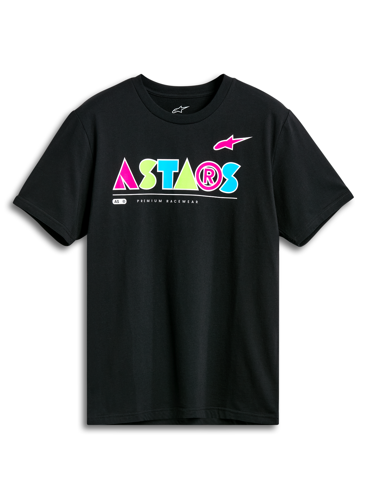 T-shirt Alpinestars Cereal CSF, t-shirt à manches courtes, noir, logo ASTARS géométrique vibrant en rose, vert citron et bleu clair, streetwear décontracté motorsport
