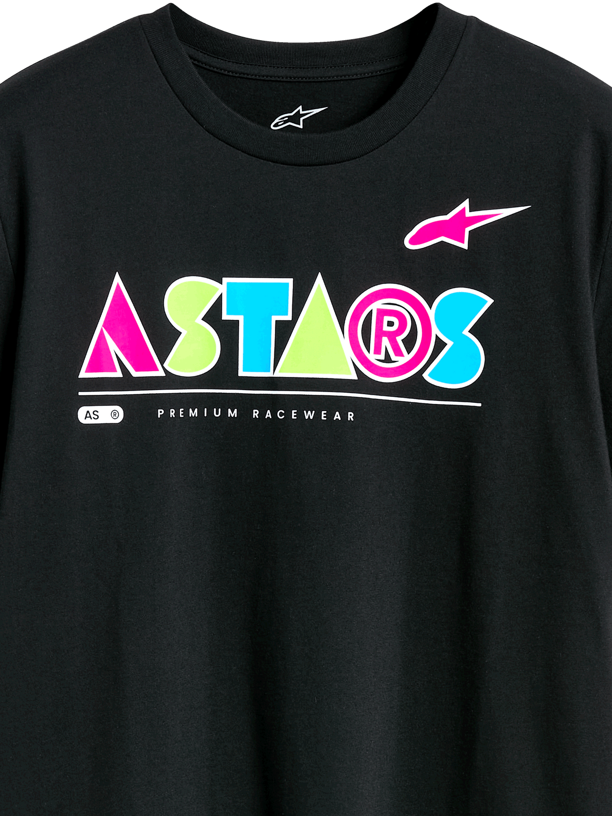 Alpinestars Cereal CSF Tee, t-shirt à manches courtes, noir, logo ASTARS géométrique et coloré avec accents rose, vert et bleu, texte Premium Racewear, streetwear décontracté de sport automobile