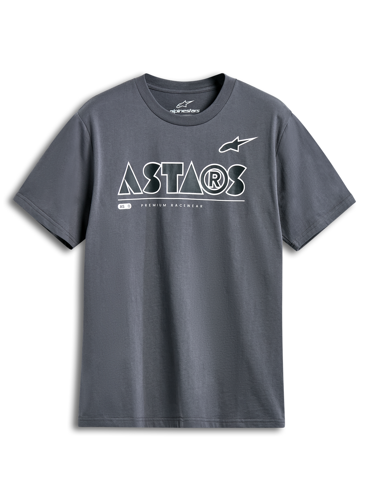 Alpinestars Cereal CSF Tee, t-shirt à manches courtes, gris anthracite, logo ASTARS géométrique blanc avec texte Premium Racewear, streetwear motorsport décontracté