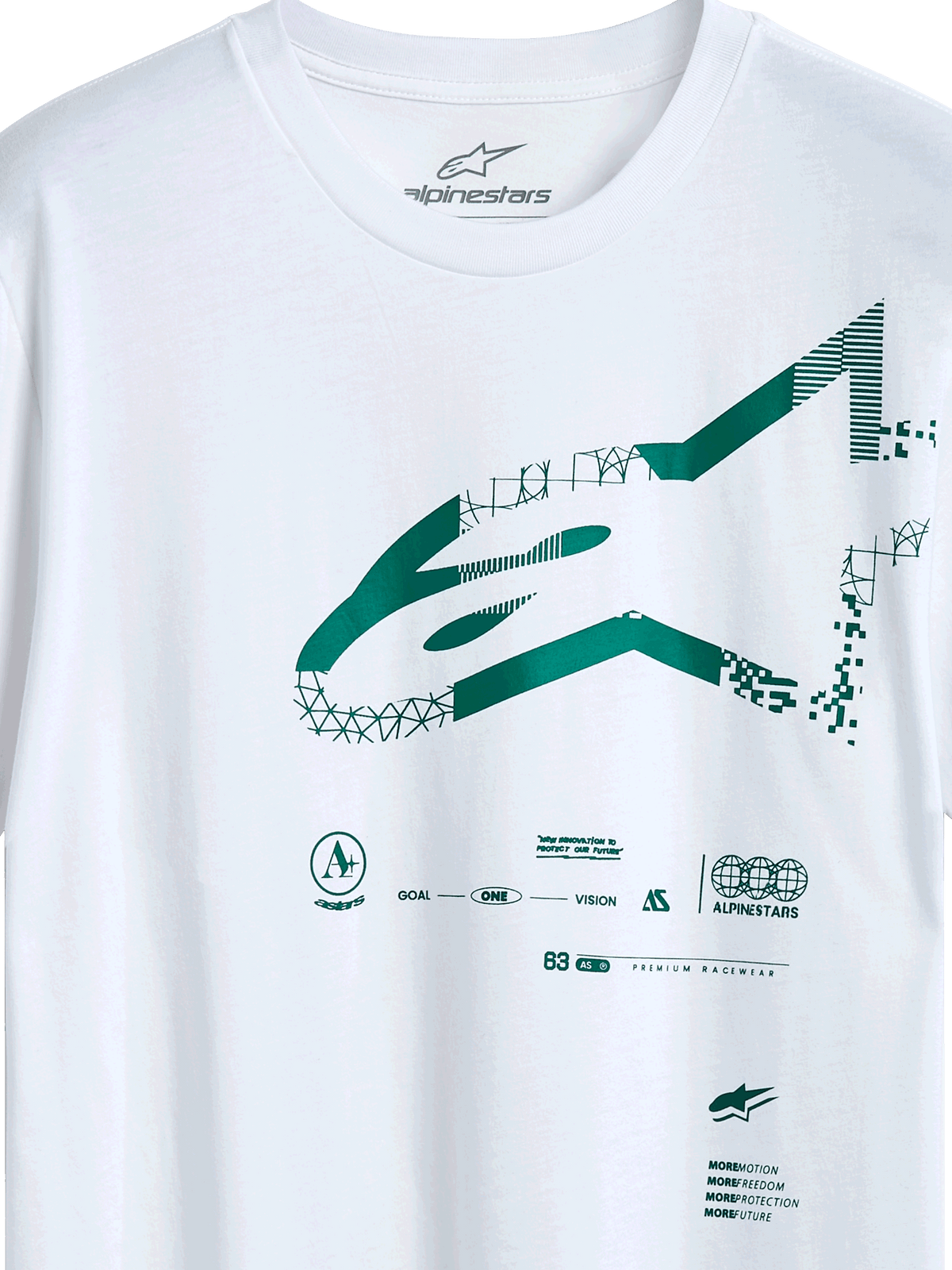 Alpinestars Geografica CSF T-Shirt, Kurzarm-T-Shirt, Weiß, grünes Multi-Tech Astars-Logo mit geometrischen und pixeligen Grafiken, lässige Motorsport-Streetwear