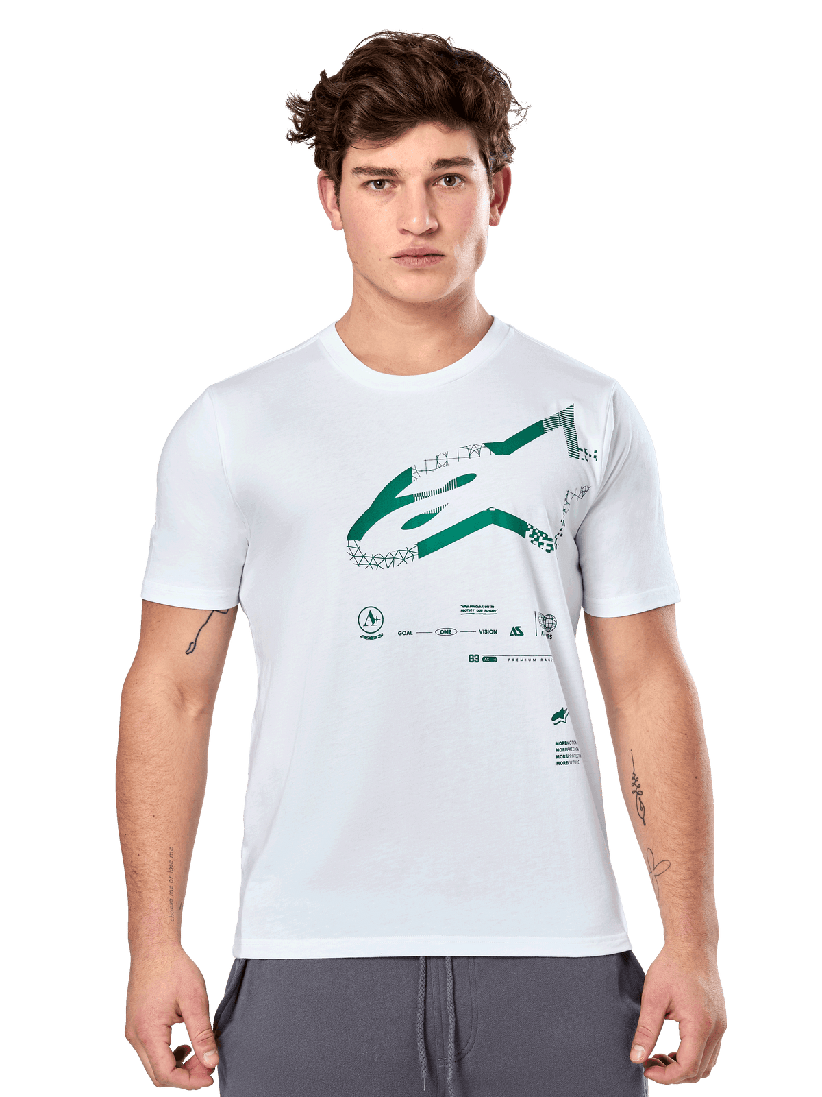 Alpinestars Geografica CSF Tee, weißes Kurzarm-T-Shirt mit grüner Multi-Tech Astars-Grafik und technischen Symbolen, lässige Motorsport-Sportbekleidung