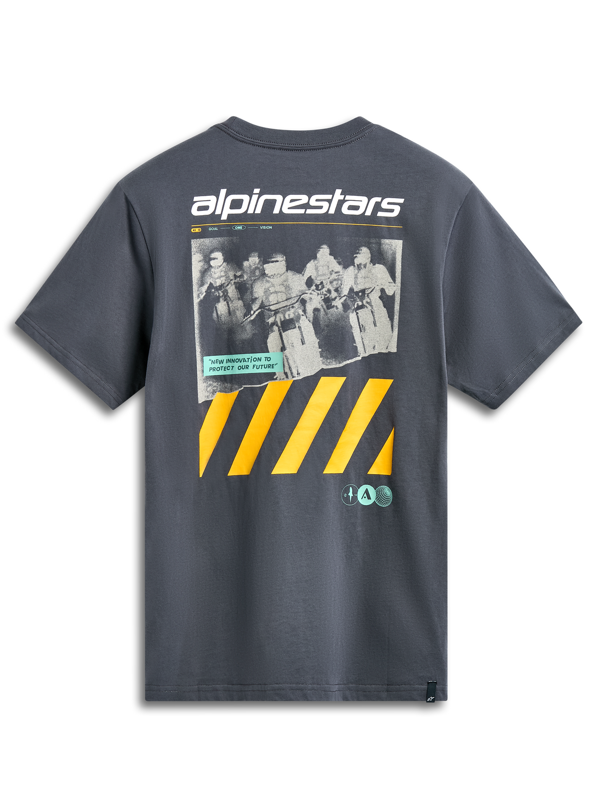 Alpinestars No Barrier CSF Tee, Kurzarm-T-Shirt, Anthrazit, große Grafik mit einem Distressed-Motocross-Foto, weißem Alpinestars-Branding und markanten gelben Diagonalstreifen, lässige Motorsport-Streetwear