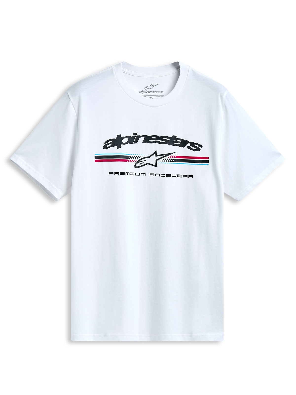 Alpinestars Prevail Csf T-Shirt, white short-sleeve sportswear tee with a front paddock-style tri-color stripe logo and soft hand print