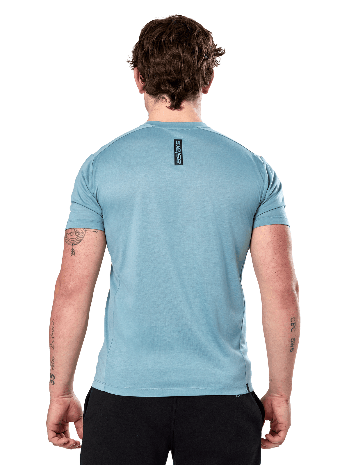 Alpinestars Point Performance T-shirt met korte mouwen, Ice Blue, achteraanzicht met klein verticaal zwart 'astars' tekstlogo op de bovenrug, vochtafvoerende prestatiestof, casual sportkleding