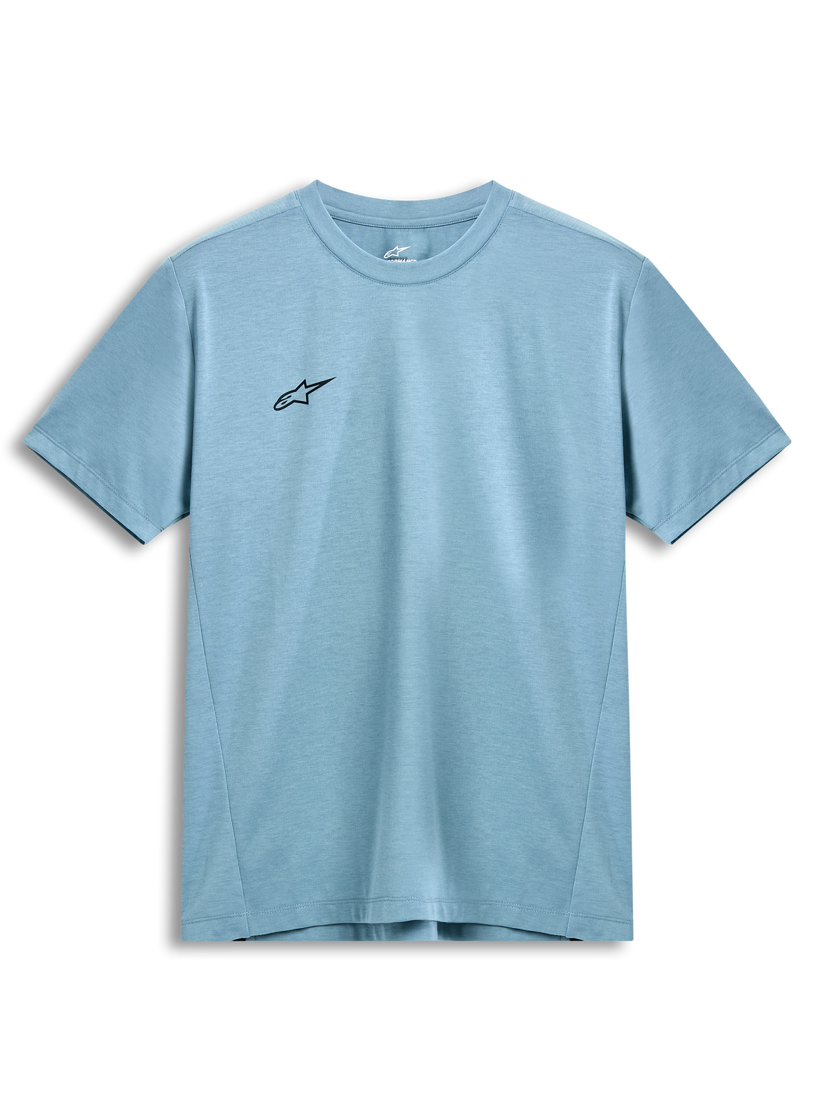 Alpinestars Point Performance Tee, T-shirt met korte mouwen, ijsblauw, klein zwart sterlogo op de borst, ronde hals, duurzame prestatiegerichte vochtafvoerende stof, casual motorsport streetwear
