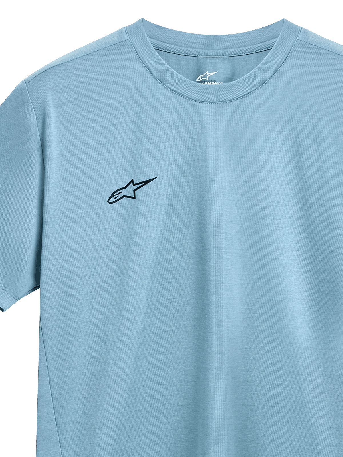 Alpinestars Point Performance Tee, T-shirt met korte mouwen, Ice Blue, klein zwart Alpinestars-logo op de borst, ronde hals, vochtafvoerende prestatiestof