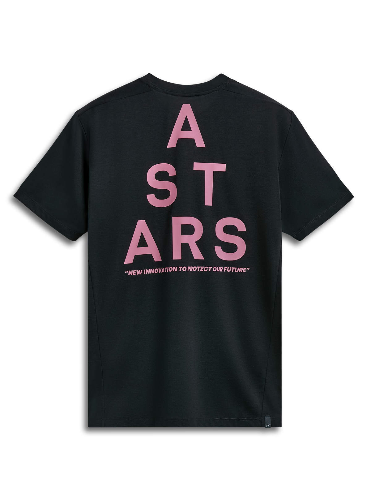 Alpinestars Attrition Performance Tee, Short Sleeve T-Shirt, Black, back view featuring a large pink ASTARS block graphic and 'NEW INNOVATION TO PROTECT OUR FUTURE' text, sustainable performance sportswear