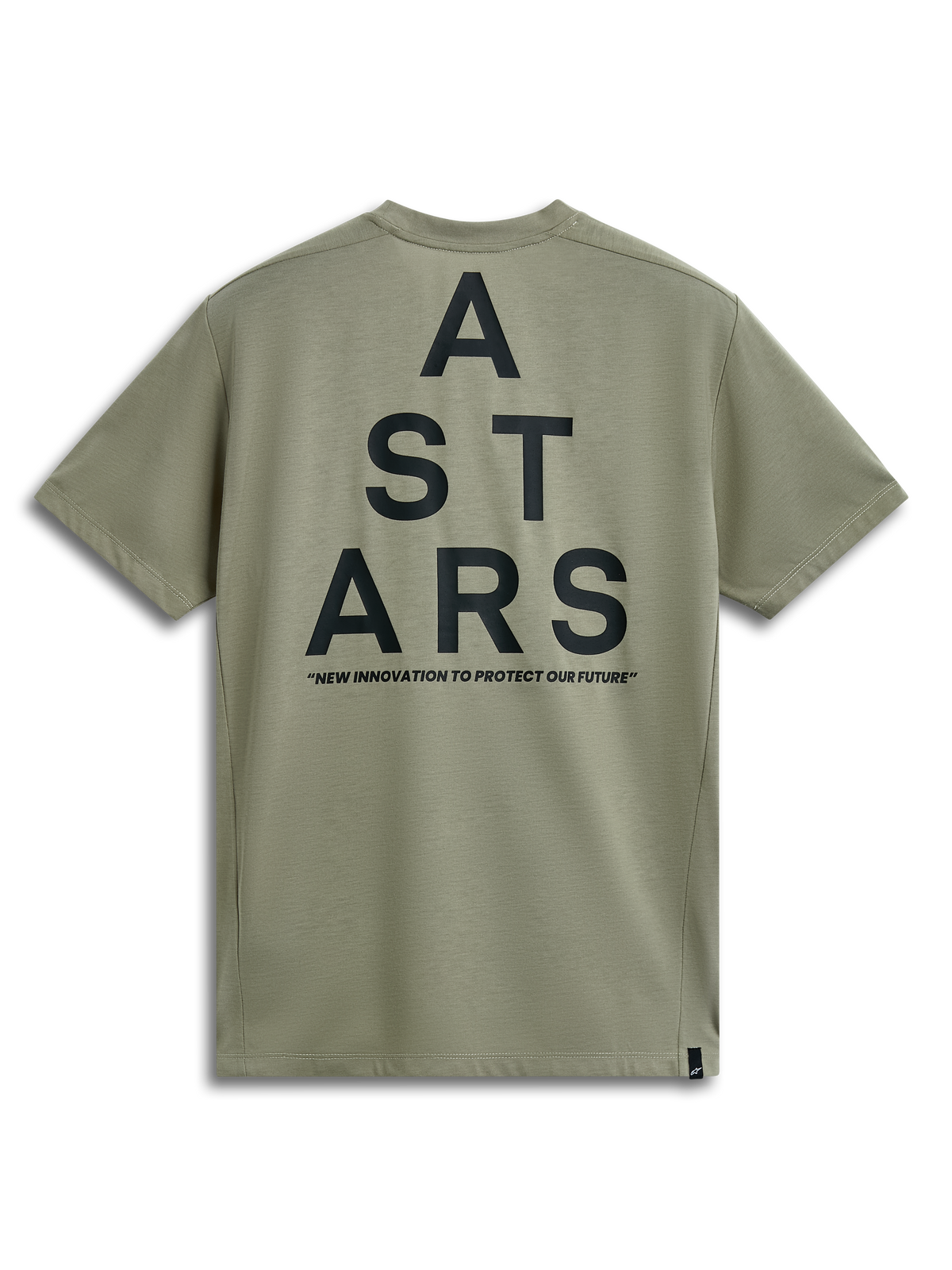 Alpinestars Attrition Performance Tee, T-shirt met korte mouwen, lichtgroen, achteraanzicht met grote zwarte gestapelde ASTARS-graphic en 'NEW INNOVATION TO PROTECT OUR FUTURE' slogan, casual performance-sportkleding