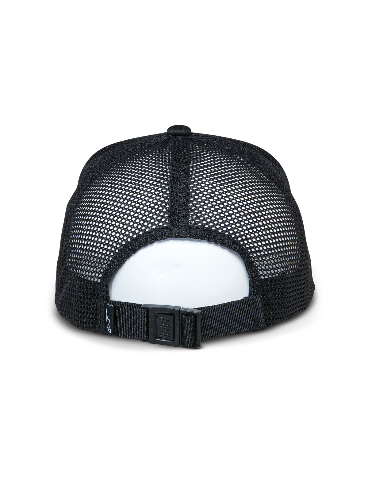 Alpinestars Alter Trucker Hat, Black, back view showing breathable recycled mesh panels and adjustable buckle closure, casual sportswear accessory