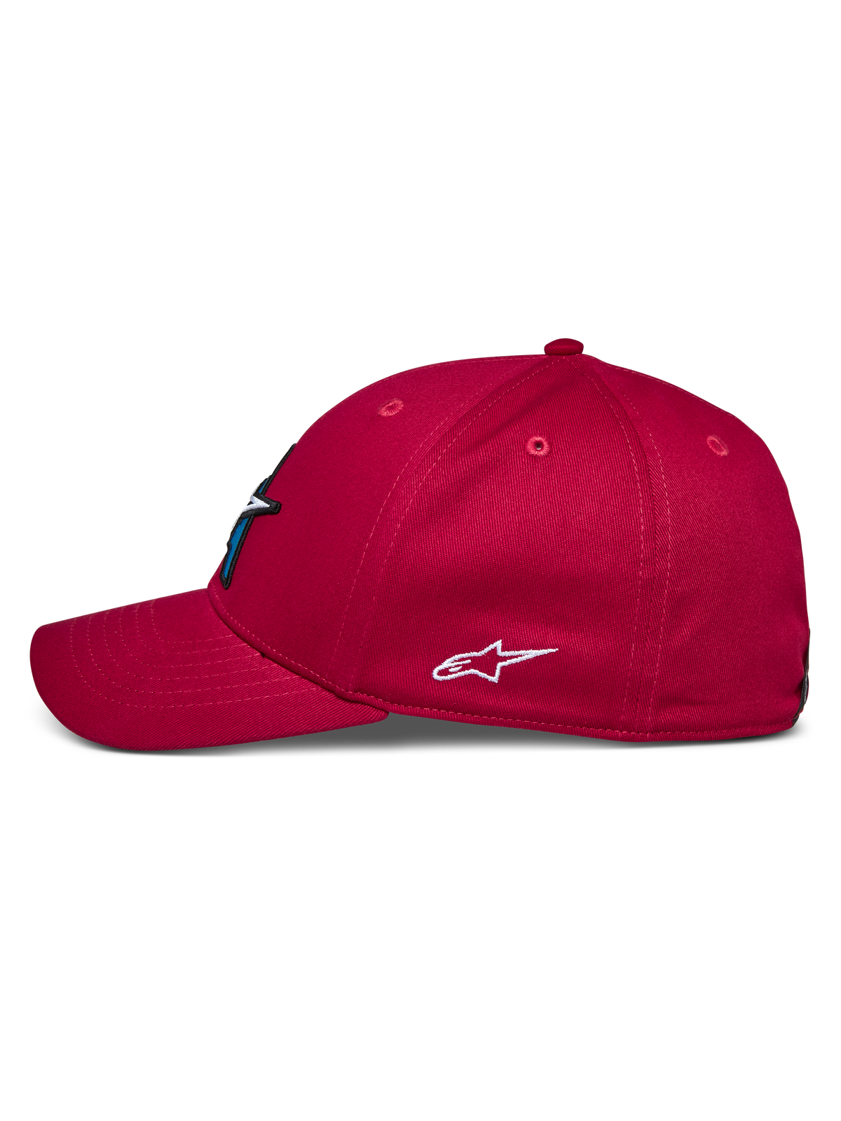 Alpinestars Elemental Hat, Red, side profile view, curved bill and structured crown, white embroidered Alpinestars logo on side, casual motorsport-inspired headwear