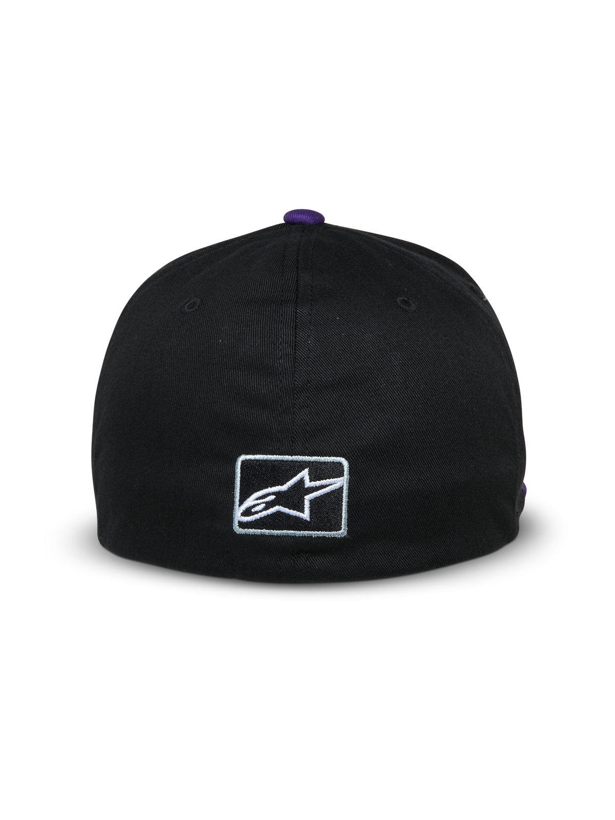 Casquette Alpinestars Franchise, vue arrière d'une casquette de baseball noire, bouton violet sur le dessus, petit logo Astars blanc brodé à l'arrière, design à dos flexible, streetwear décontracté inspiré des sports mécaniques