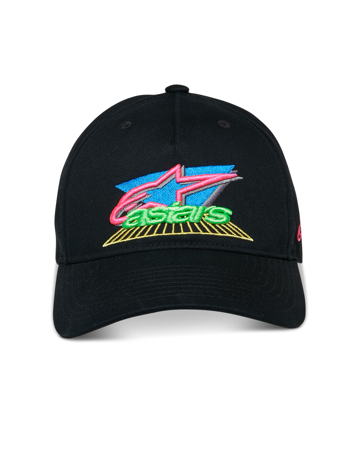 Casquette Alpinestars Vivid, noire, casquette de baseball à visière courbée, logo brodé en 3D éclatant avec des accents roses, bleus et verts, couronne basse semi-structurée, streetwear décontracté motorsport