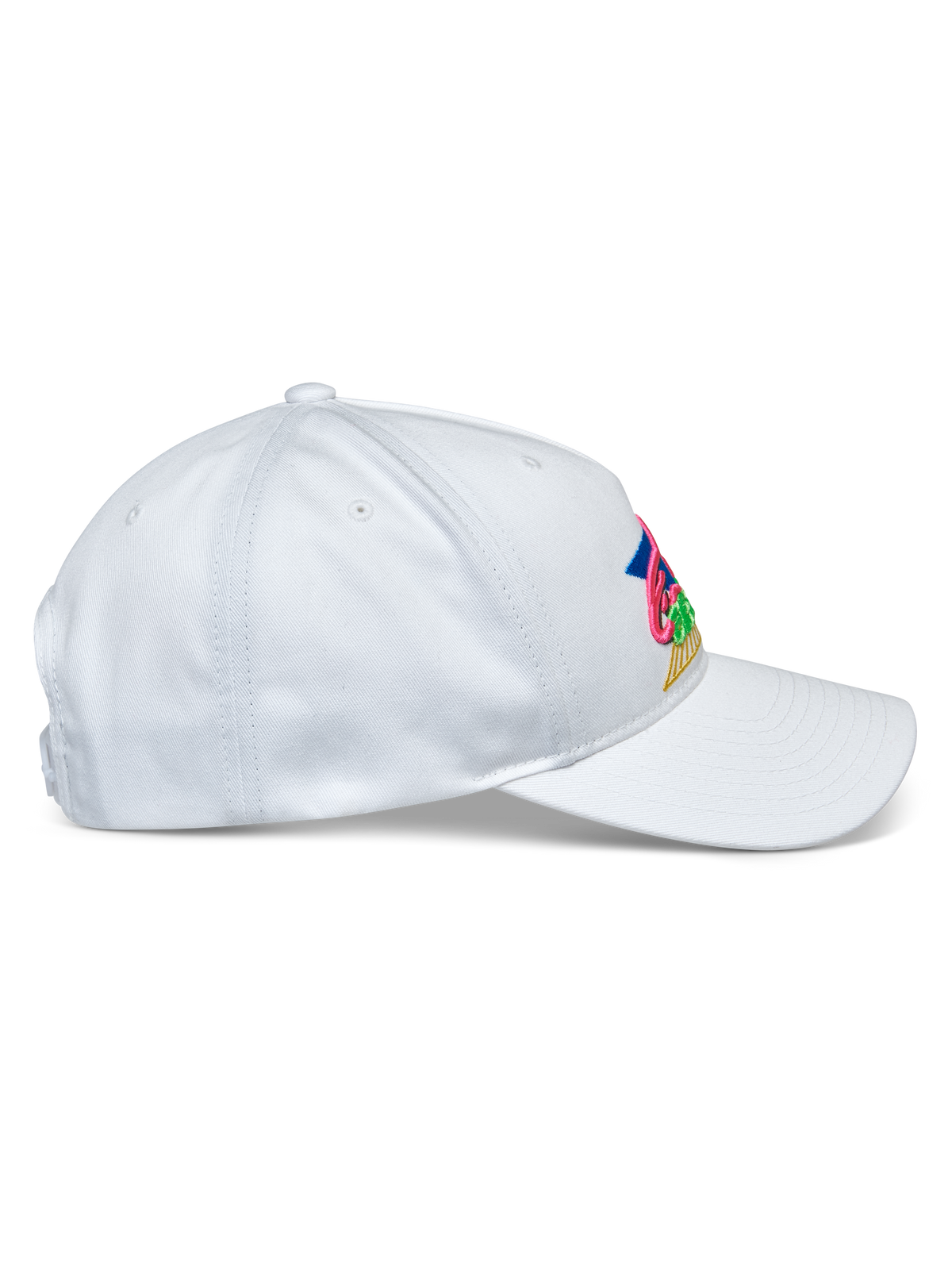 Alpinestars Vivid Hat, White, Side profile, Semi-structured low crown baseball cap with curved bill, Cotton twill fabric, Featuring vibrant multi-colored embroidery on the front, Casual sportswear headwear