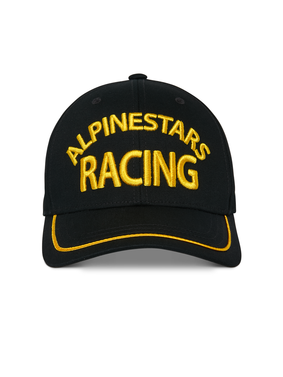 Casquette Alpinestars Luminary, casquette snapback noire, broderie Alpinestars Racing 3D jaune à l'avant, visière incurvée avec liseré sutache jaune, accessoire de sport automobile décontracté