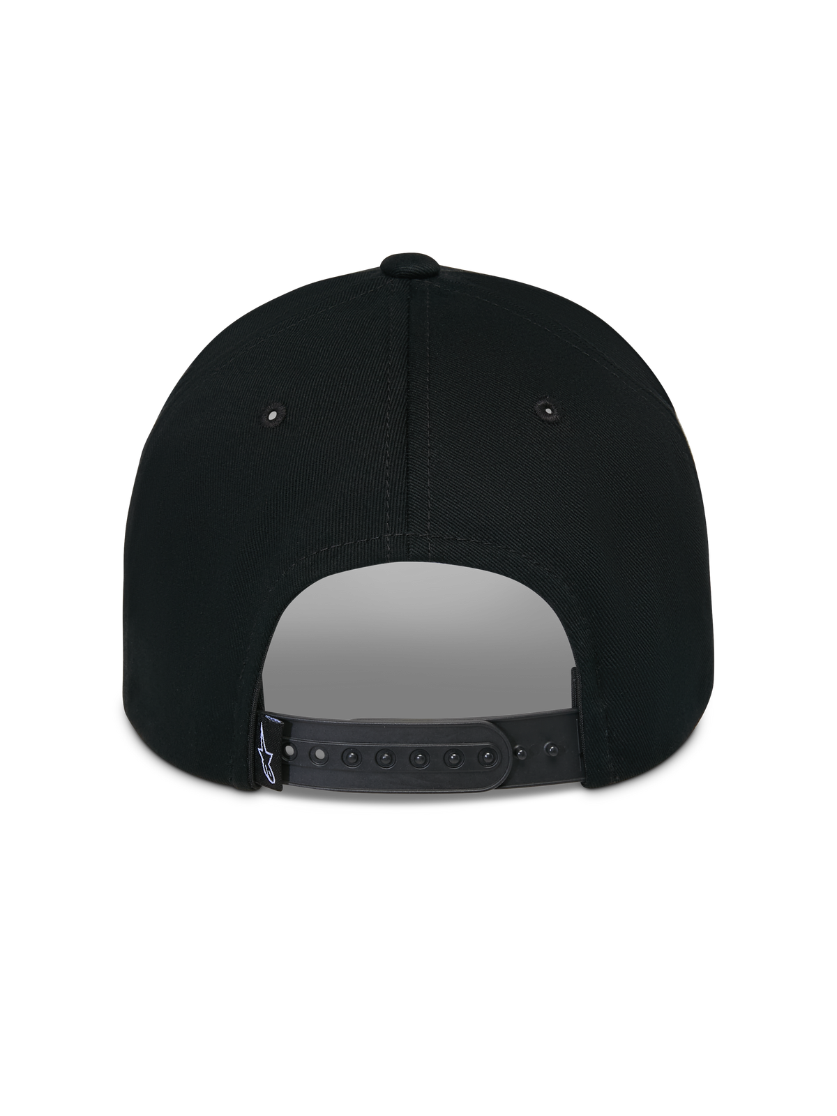 Casquette Alpinestars Luminary, noire, vue arrière montrant la fermeture snapback réglable et une petite étiquette logo tissée, couronne en coton structurée, couvre-chef décontracté inspiré du sport automobile