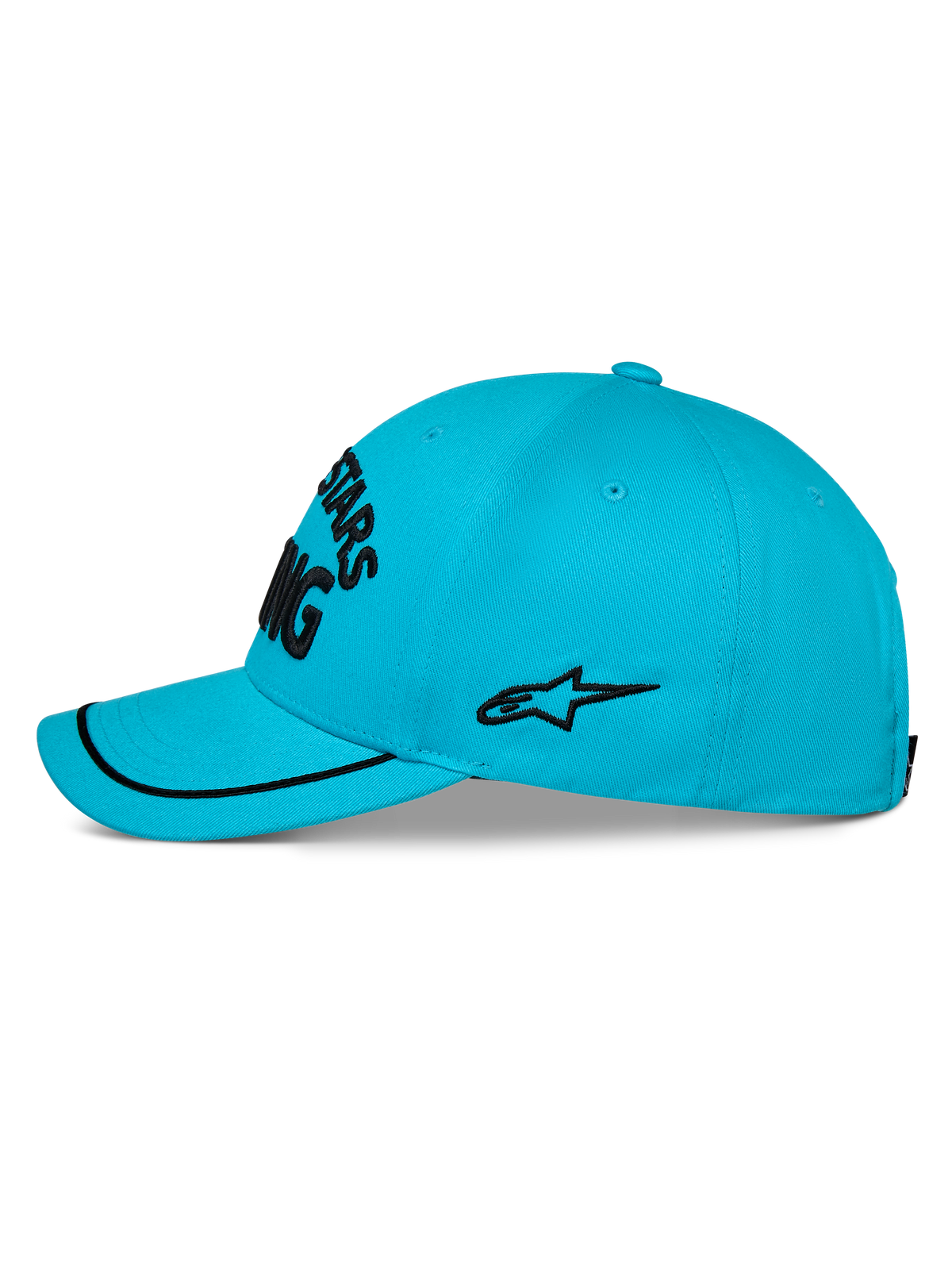 Alpinestars Luminary Hat, Aqua Blue baseball cap, side profile view, curved bill with black sutache trim, black embroidered side logo, structured crown, casual sportswear