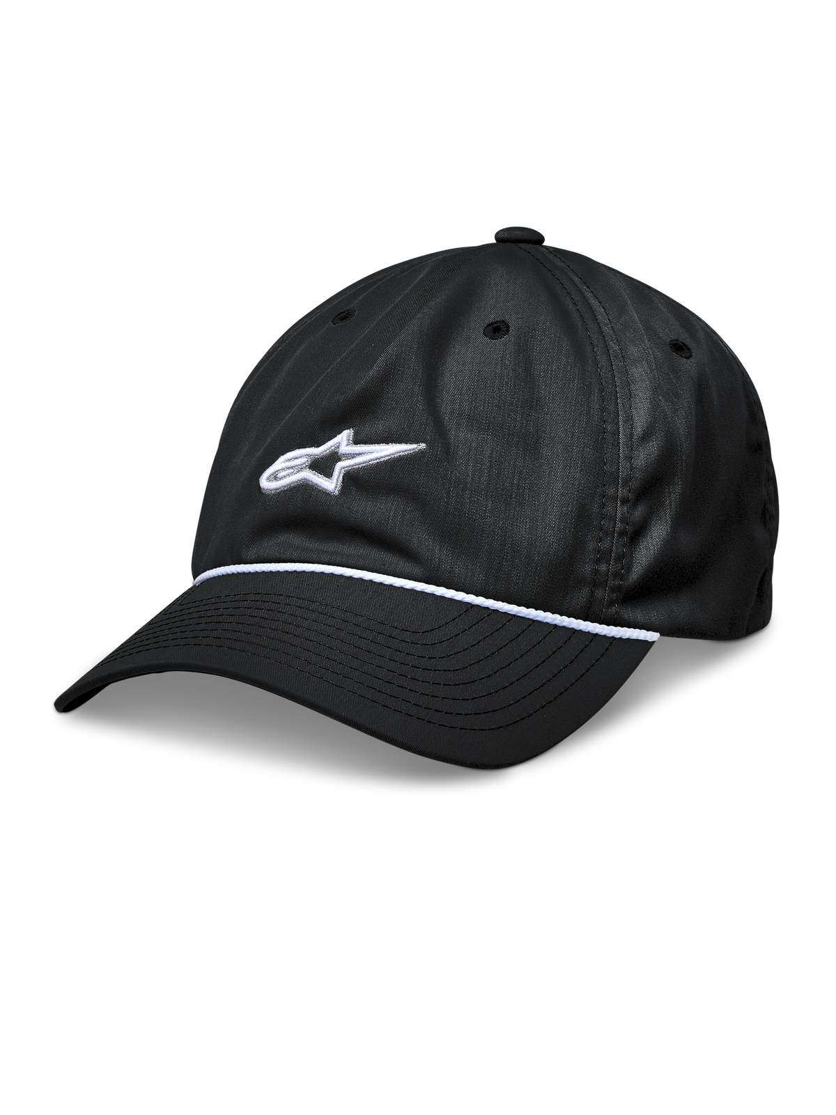 Alpinestars Tyler pet, zwarte snapback baseballcap, gebogen klep met witte gevlochten koordafwerking, wit 3D-geborduurd sterlogo, ongestructureerde lage kroon, casual sportswear
