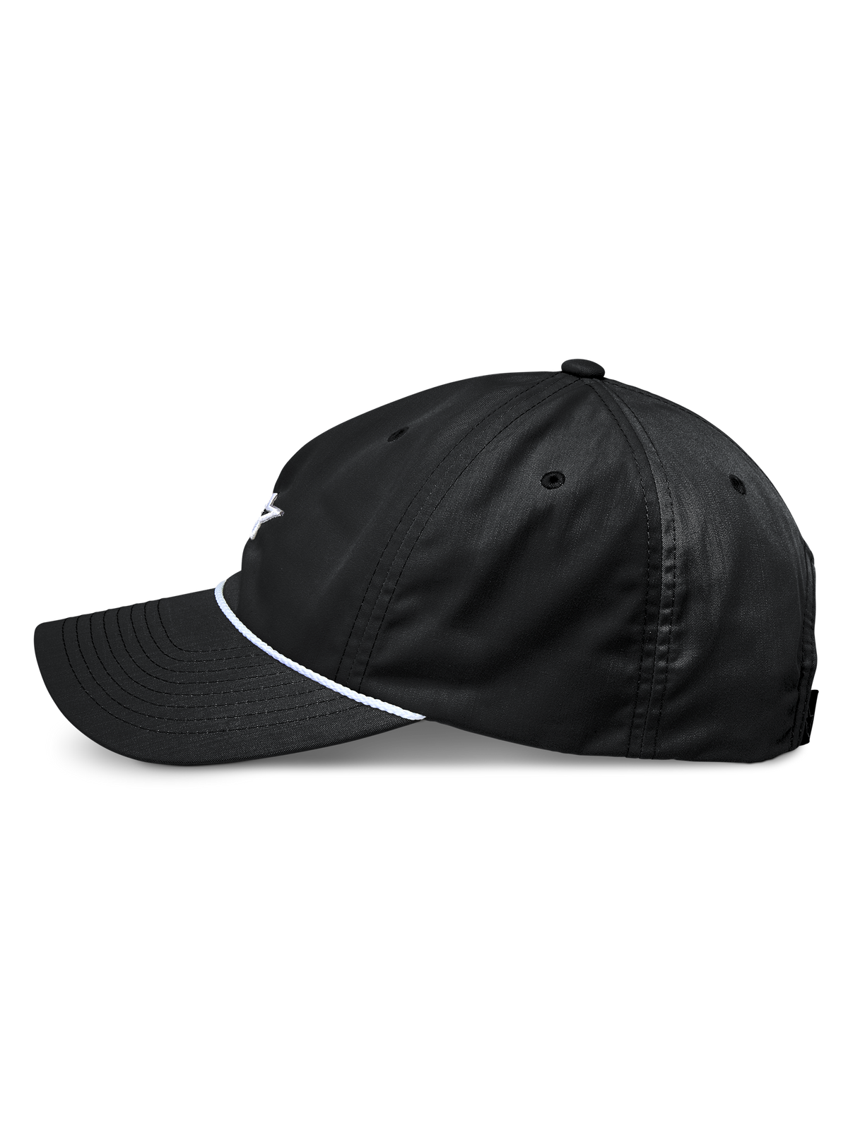 Alpinestars Tyler pet, zwarte snapback baseballcap, zijaanzicht, met gebogen klep en witte gevlochten koordafwerking, ongestructureerde lage kroon, gemaakt van gerecycled keperstof, casual motorsport-geïnspireerd ontwerp