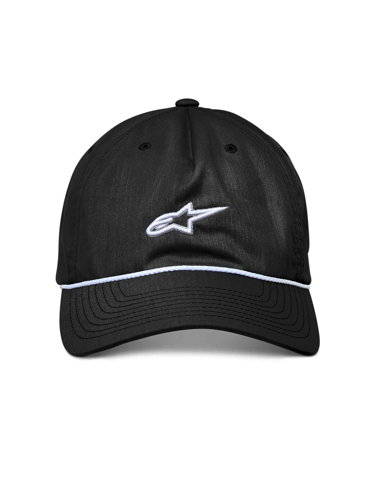 Alpinestars Tyler pet, zwarte snapback pet, gebogen klep met witte gevlochten koordafwerking, wit geborduurd Astars-logo, casual sportkleding