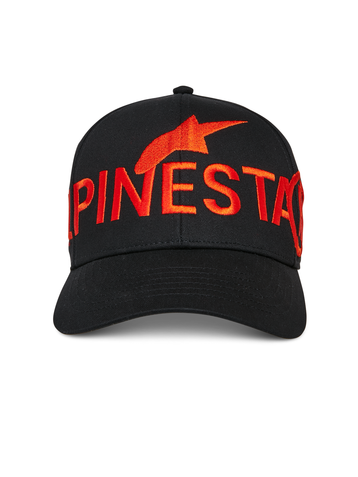 Alpinestars Committed pet, zwarte snapback baseballcap, groot rood geborduurd Alpinestars logo en tekst op de voorkant, gebogen klep, gestructureerde kroon, casual motorsport streetwear