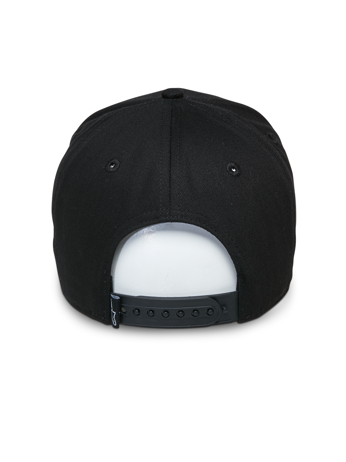 Alpinestars Committed pet, zwarte snapback pet, achteraanzicht met verstelbare snapback-sluiting en klein geweven label, gestructureerde kroon, casual motorsport-geïnspireerde pet