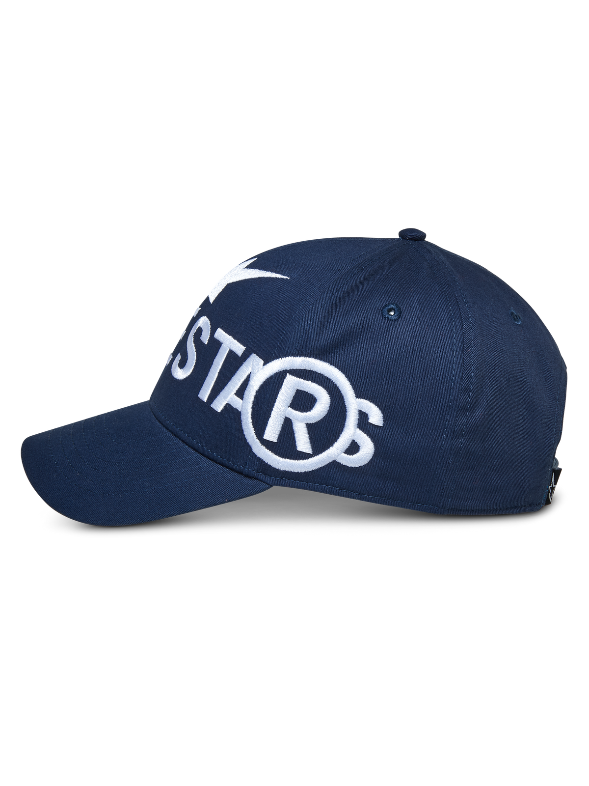 Casquette Alpinestars Committed, snapback bleu marine, vue de profil avec grand logo blanc brodé, visière courbée et calotte structurée, vêtement de sport décontracté