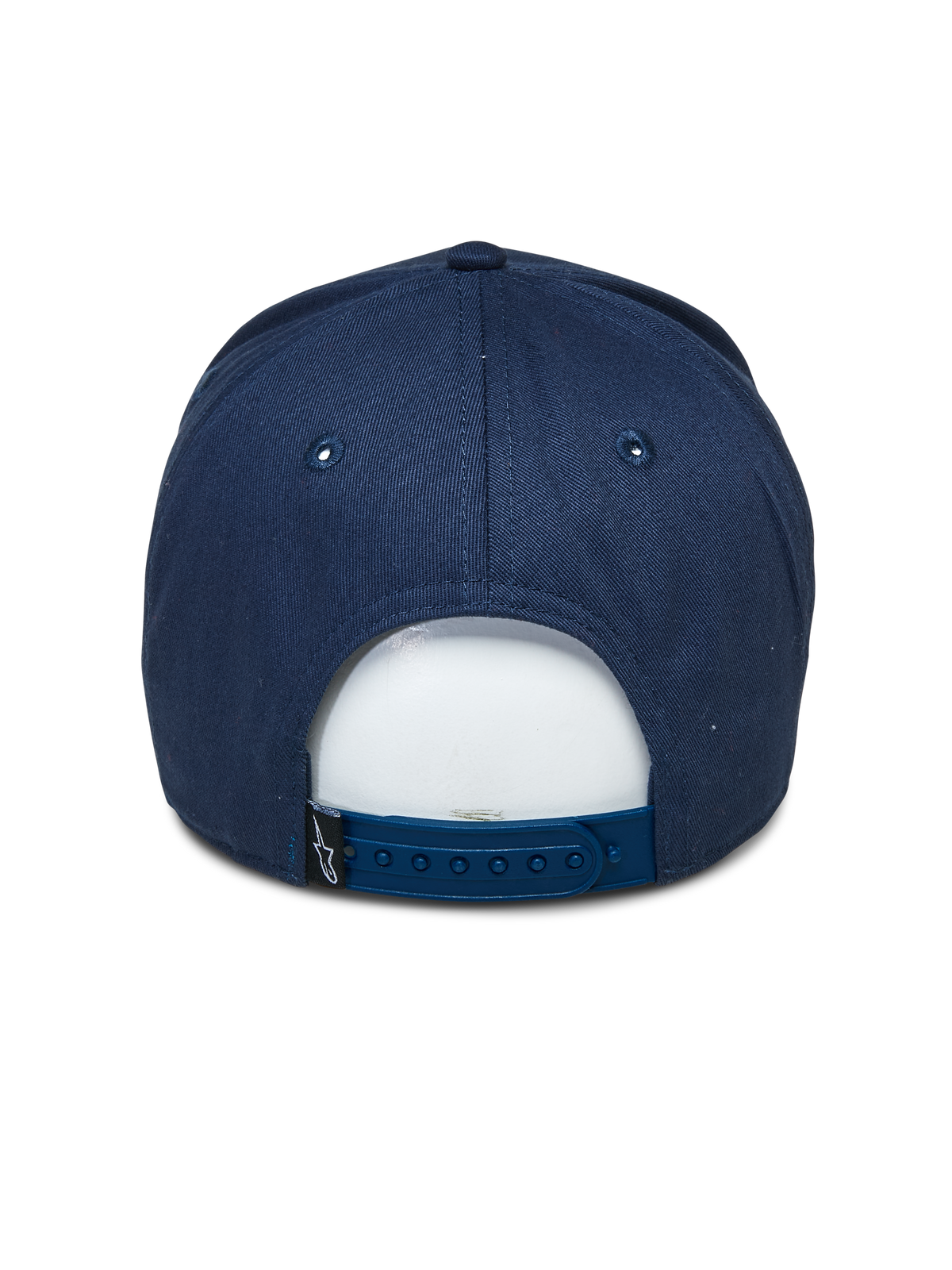 Casquette Alpinestars Committed, bleu marine, casquette de baseball snapback, vue arrière, dotée d'une fermeture réglable en plastique et d'une petite étiquette noire avec logo, accessoire décontracté inspiré du sport automobile