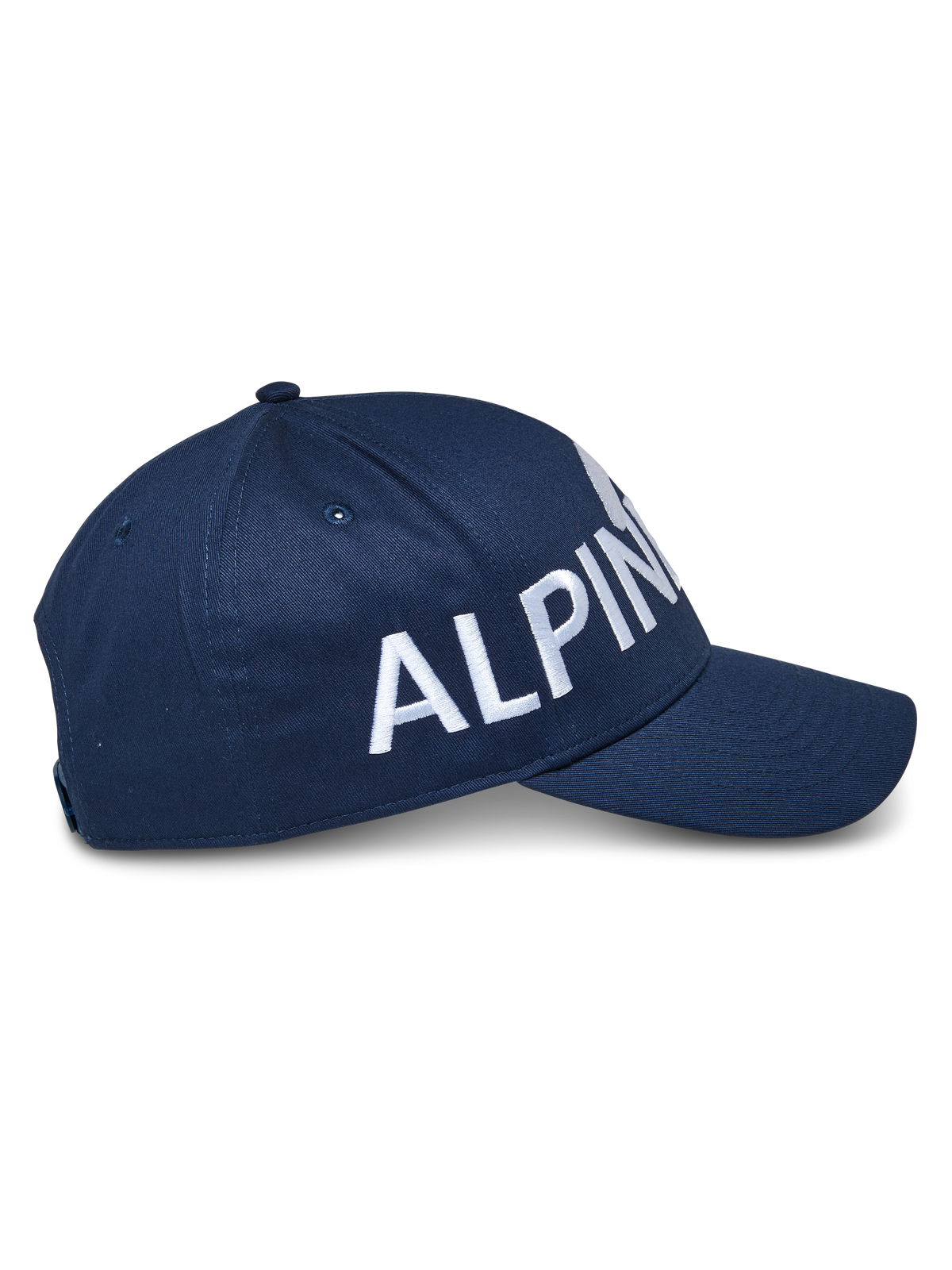 Casquette Alpinestars Committed, casquette de baseball snapback, bleu marine, vue latérale avec grand logo brodé blanc, calotte structurée et visière courbée, tissu sergé résistant, couvre-chef motorsport décontracté