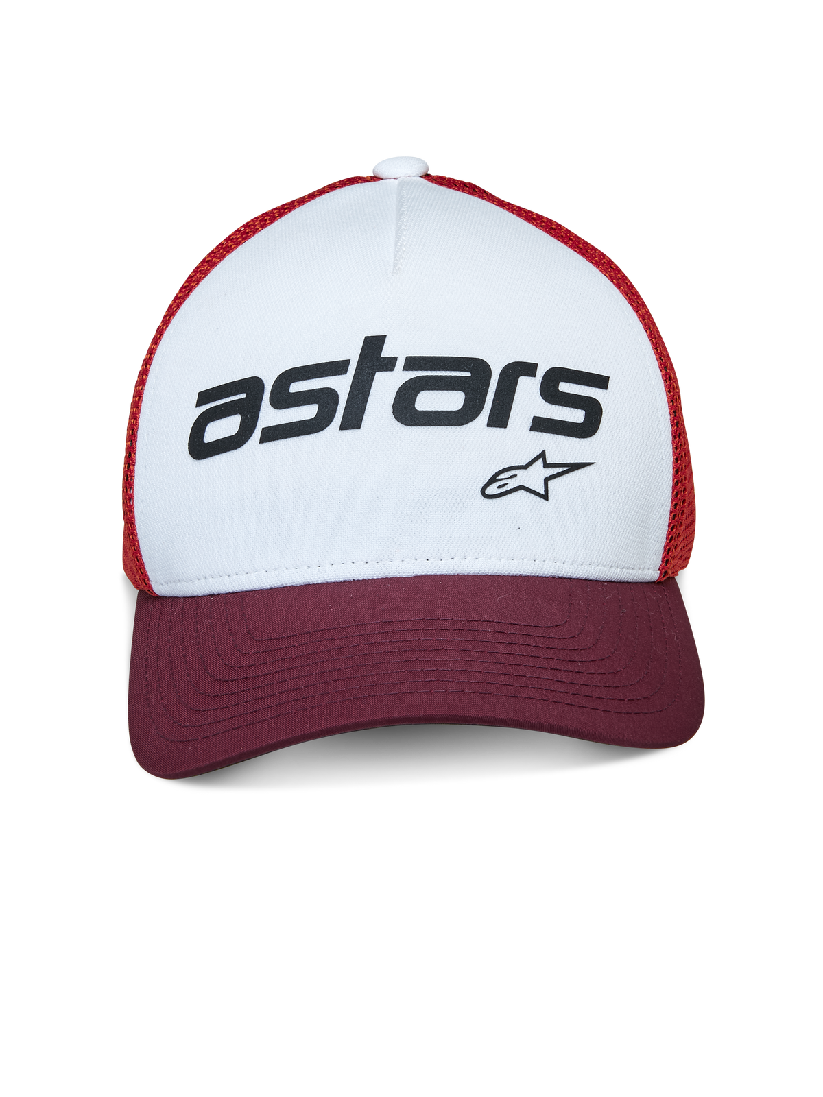 Casquette Trucker Vital Alpinestars, blanc, bordeaux et orange, avec panneau avant blanc et logo « astars » noir, visière courbée bordeaux et filet orange, couvre-chef décontracté inspiré du sport automobile