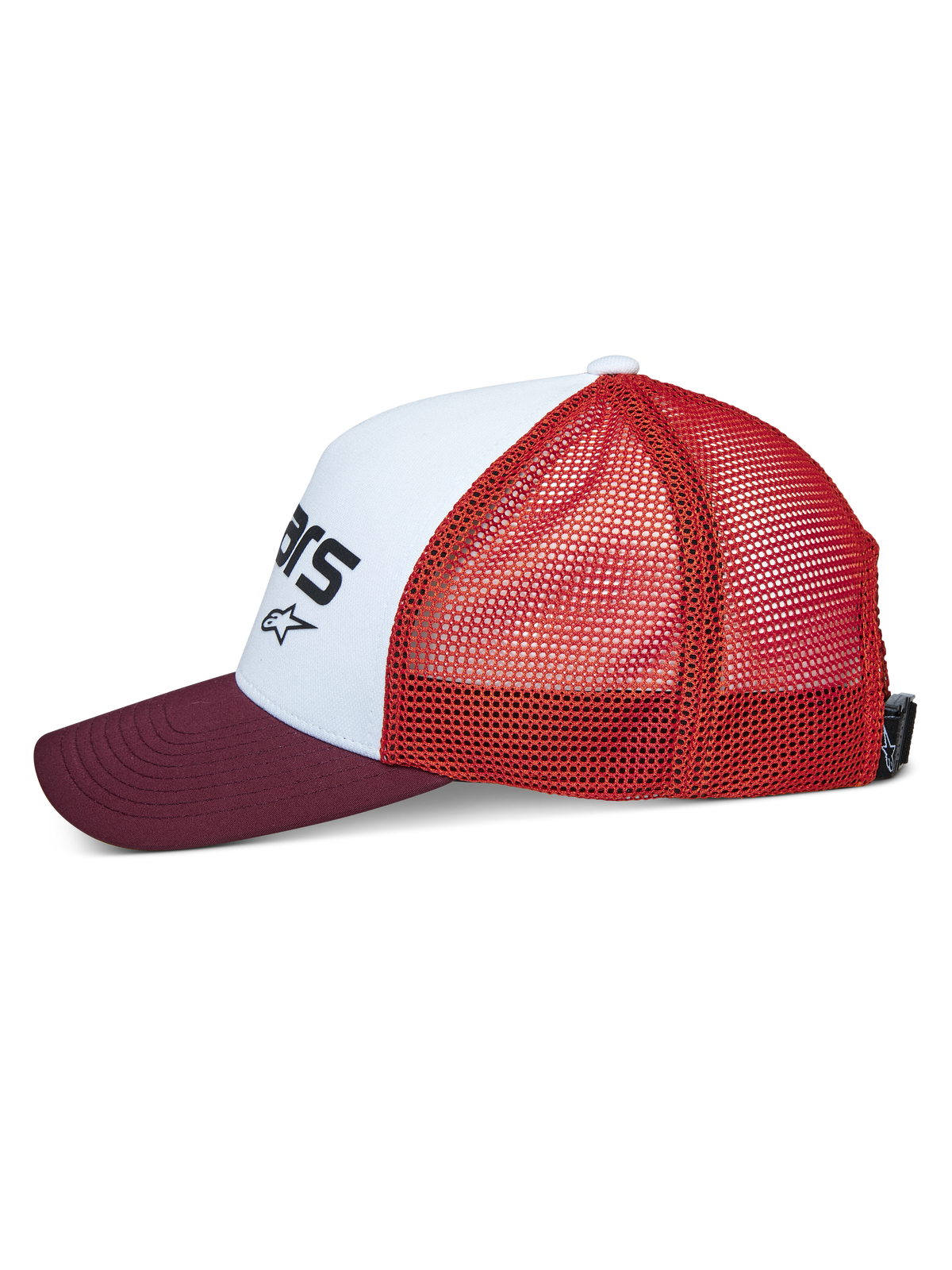 Casquette Trucker Vital Alpinestars, vue de profil, panneau avant structuré blanc avec logo noir, visière courbée bordeaux, arrière en filet orange, couvre-chef sportswear décontracté