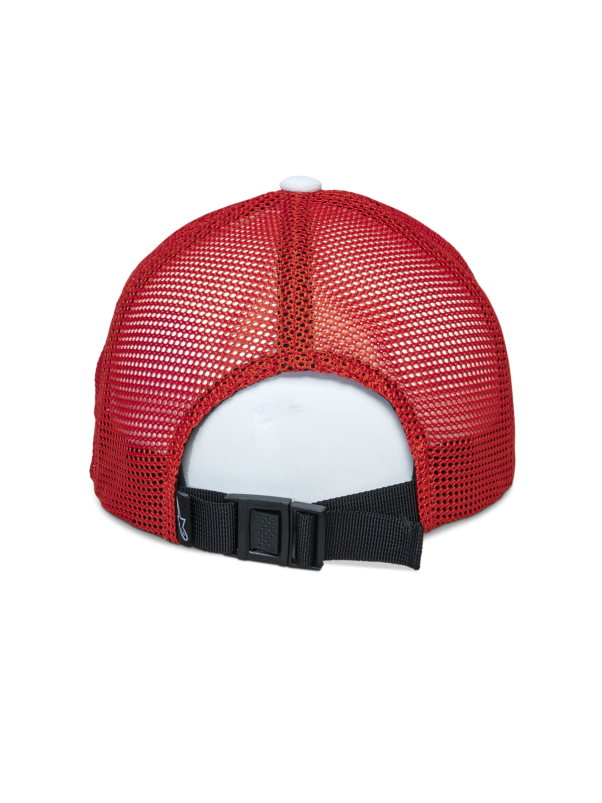 Casquette Trucker Vital Alpinestars, vue arrière, Blanc Marron Orange, avec panneaux en mesh rouge et fermeture réglable à boucle noire à l'arrière, couvre-chef sportswear décontracté