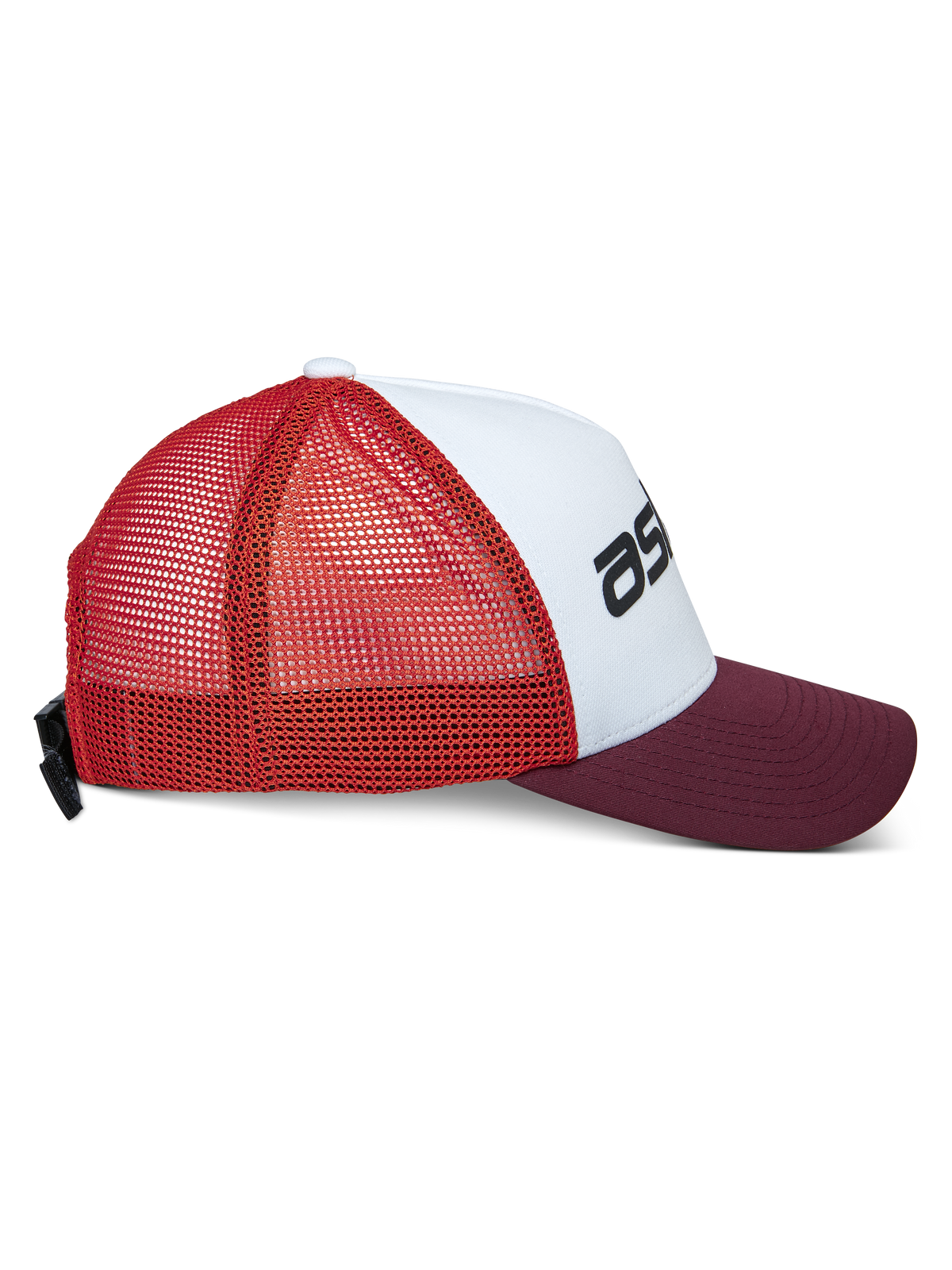 Casquette Trucker Vital Alpinestars, casquette trucker décontractée, blanc, bordeaux et orange, vue de profil avec visière incurvée et dos en filet, fermeture à boucle réglable, couronne structurée avec logo noir