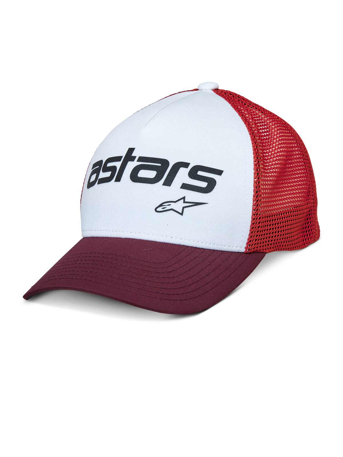 Alpinestars Vital Trucker Hat, panneau avant blanc avec visière courbée bordeaux et arrière en maille rouge, logo texte Astars noir, casquette trucker structurée décontractée avec visière courbée