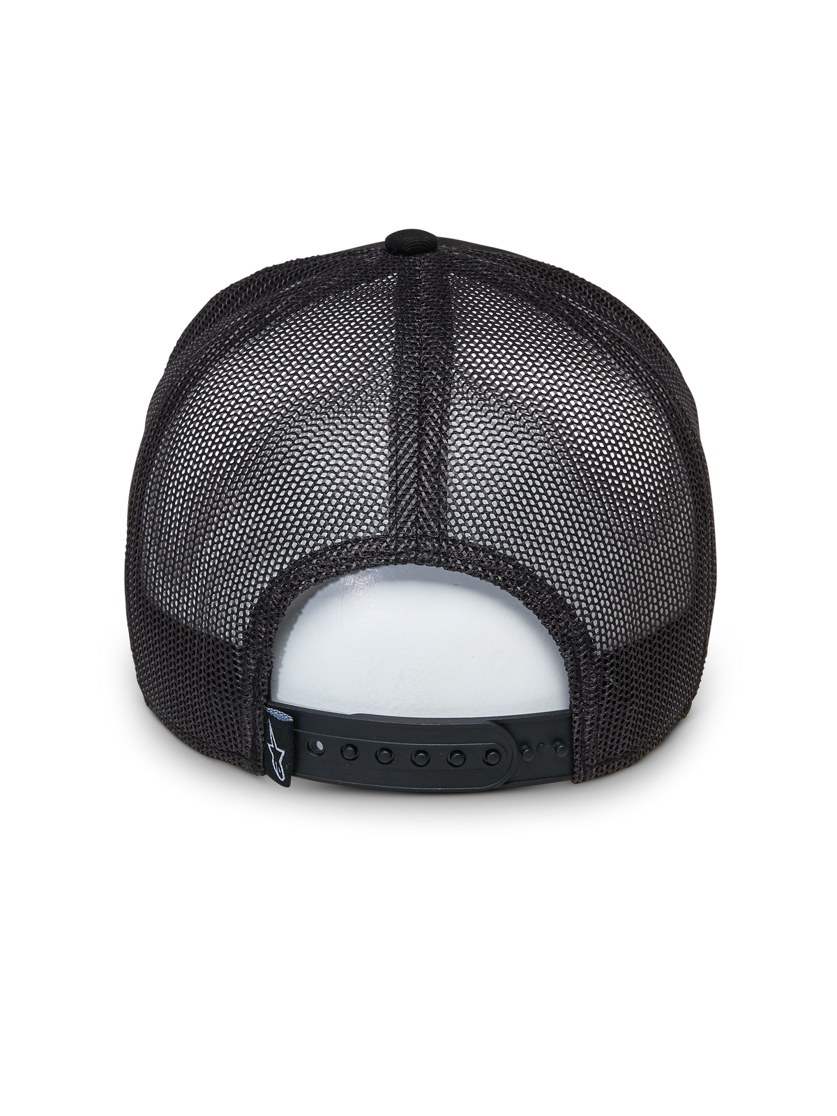 Alpinestars Selica Trucker Mütze, Schwarz, Rückansicht mit atmungsaktiven Mesh-Einsätzen und verstellbarem Snapback-Verschluss, kleines gewebtes Logo-Etikett, klassisches strukturiertes Trucker-Design für den Alltag