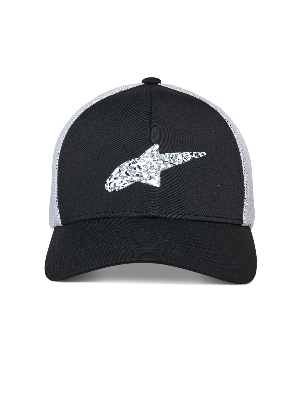 Alpinestars Terolithic Trucker Hat, Sportswear Hat, Black with White mesh back, textured white Alpinestars star logo on front, curved bill and structured low crown