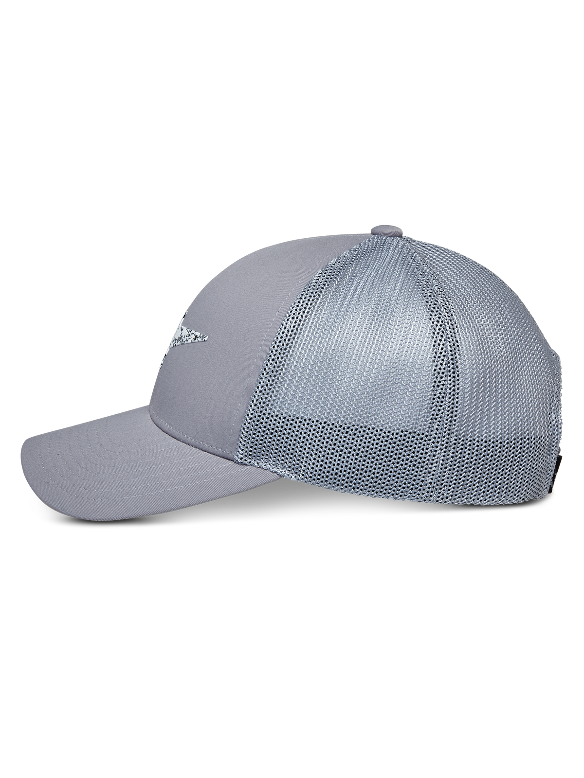 Alpinestars Terolithic Trucker pet, grijs, truckerpet met mesh achterzijde en gebogen klep, zijaanzicht, gestructureerde lage kroon met logo-detail op de voorzijde, casual op motorsport geïnspireerde hoofdbedekking
