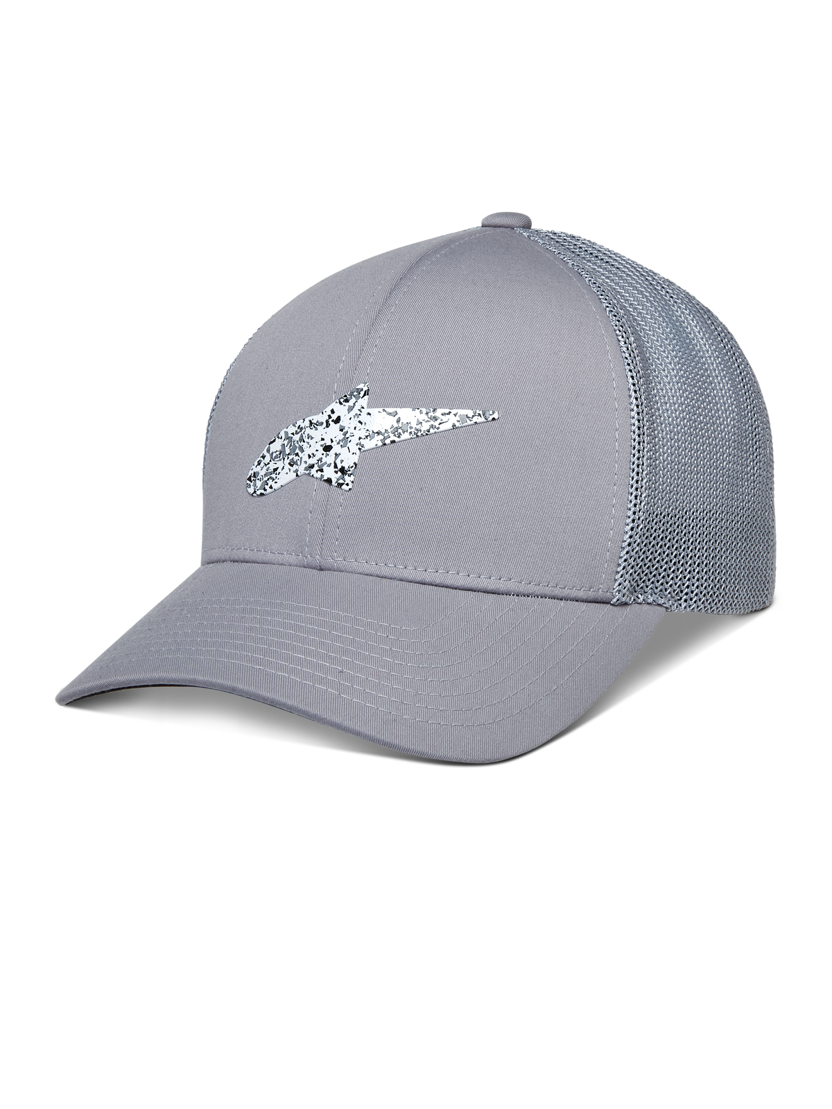 Alpinestars Terolithic Trucker Hat, graue Trucker-Cap, gebogener Schirm mit Mesh-Rücken, schwarz-weiß gesprenkeltes TPU-Logo, lässige Sportbekleidung