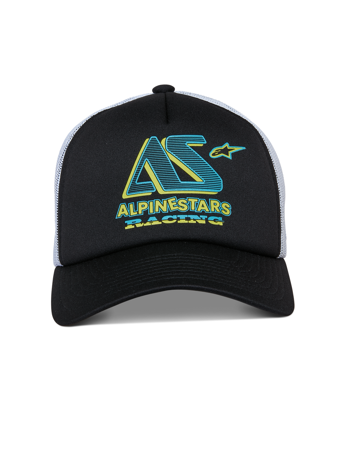 Alpinestars Ayess Trucker Pet, snapback cap, zwart en wit, groenblauwe en gele Alpinestars Racing graphic op de schuimkroon, gebogen klep en witte mesh achterzijde, casual op motorsport geïnspireerd ontwerp