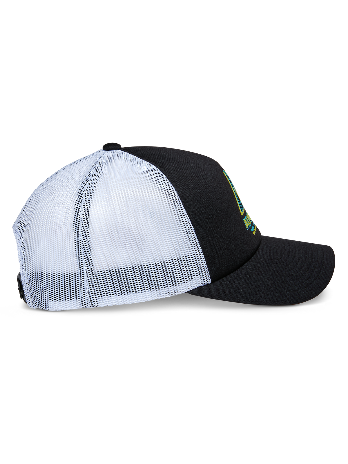 Alpinestars Ayess Trucker Pet, zijaanzicht, zwarte foam kroon en gebogen klep met witte mesh panelen aan de achterkant, logo-opdruk aan de voorzijde, casual motorsport-geïnspireerde snapback